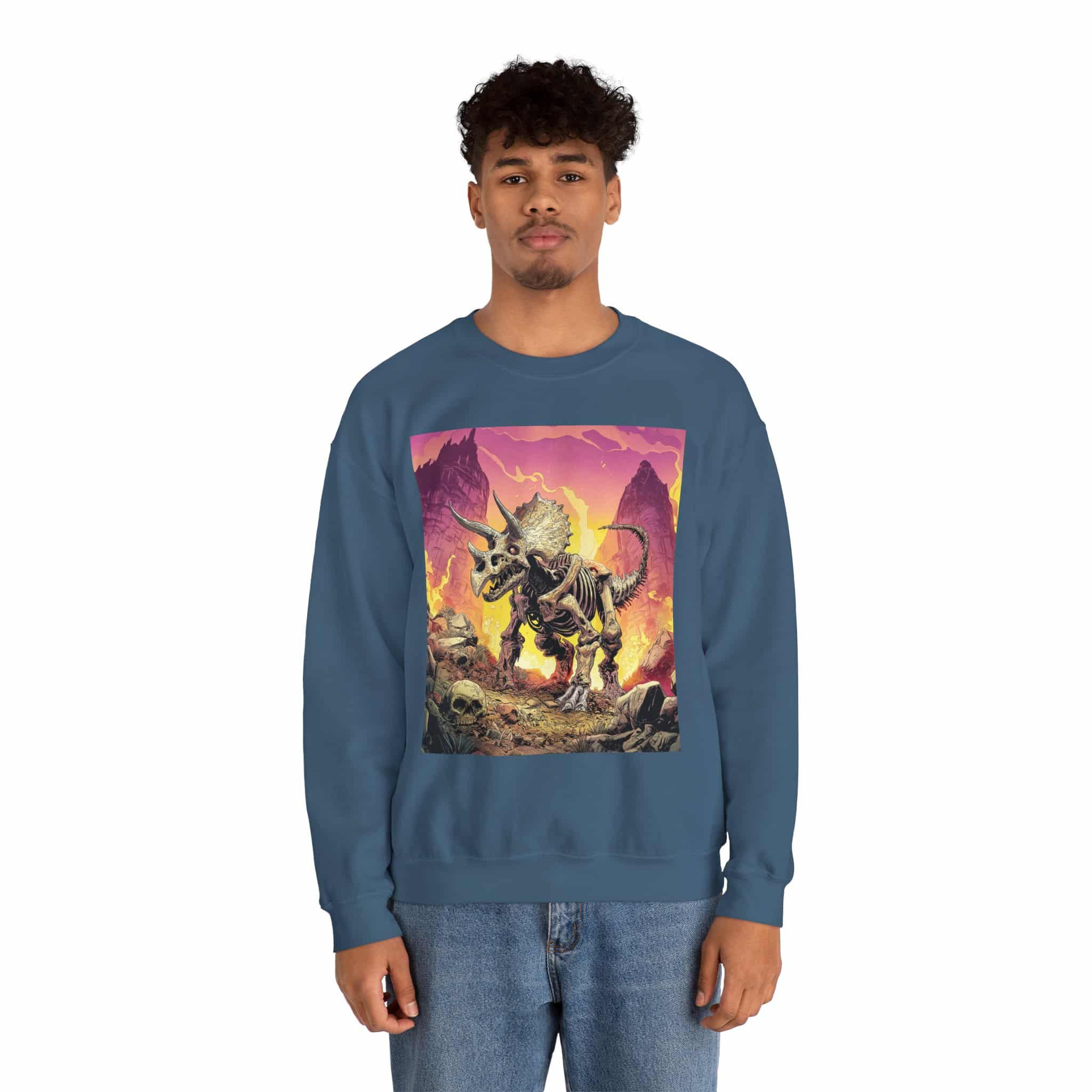 Skeletal Zombie Triceratops In Volcanic Wasteland Unisex Heavy Blend™ Crewneck Sweatshirt - Image 8