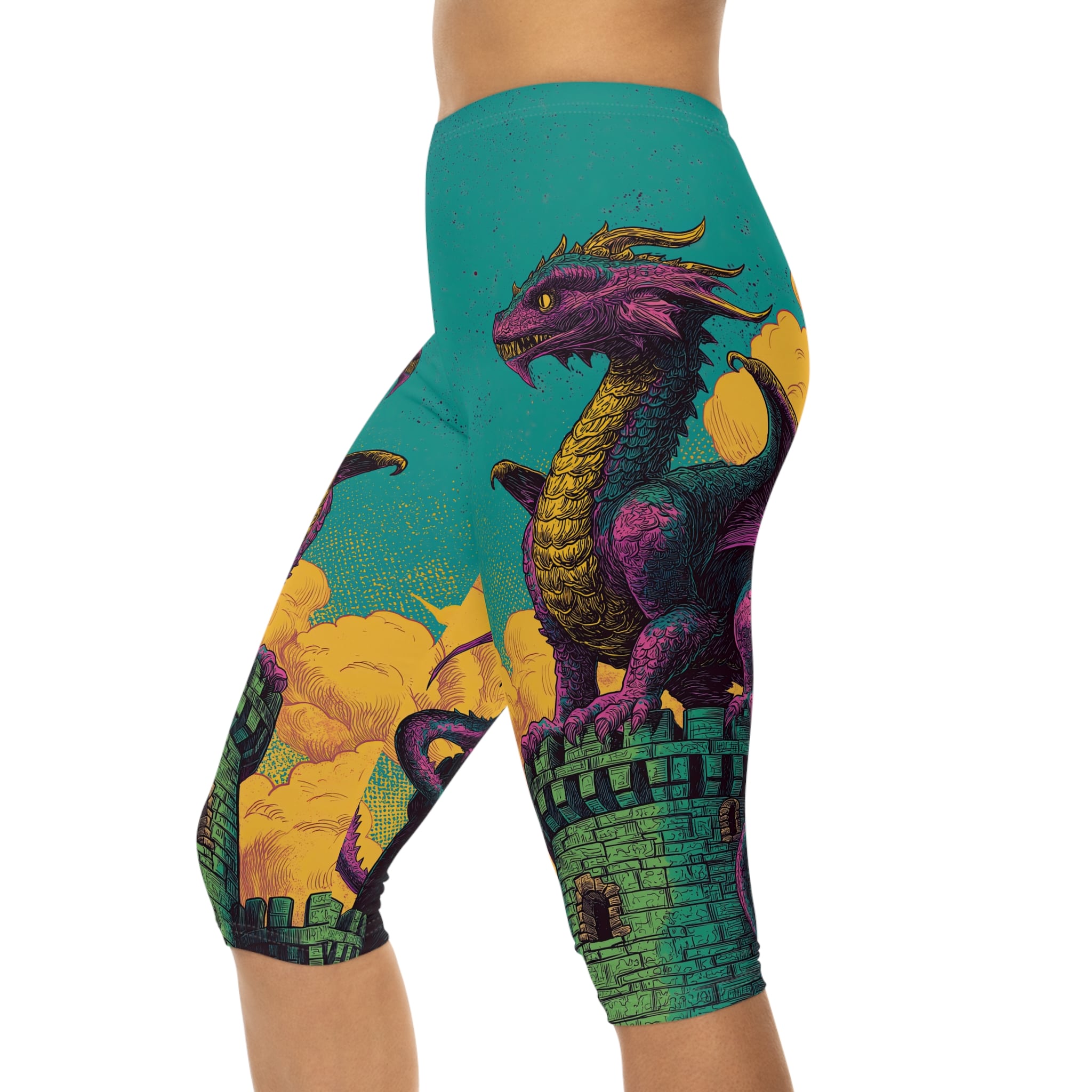 Dragon Guarding Castle Tower 60’s Pop Art Style Capri Leggings