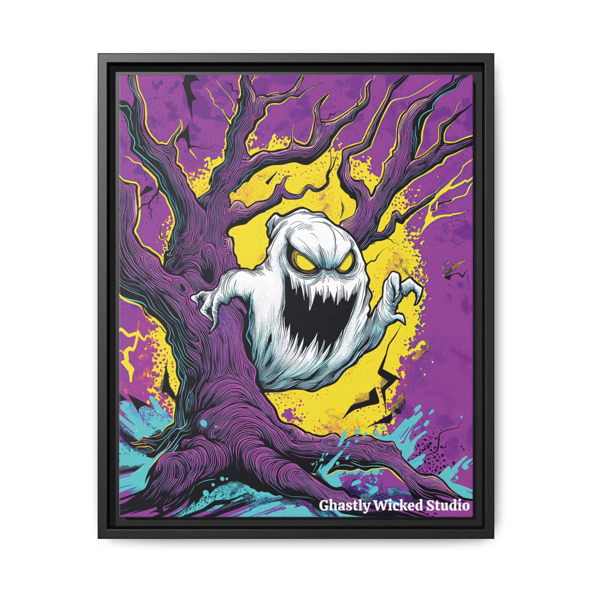 Ghost & Spooky Tree II Pop 60’s Art Style Matte Canvas, Black Frame Halloween - Image 4