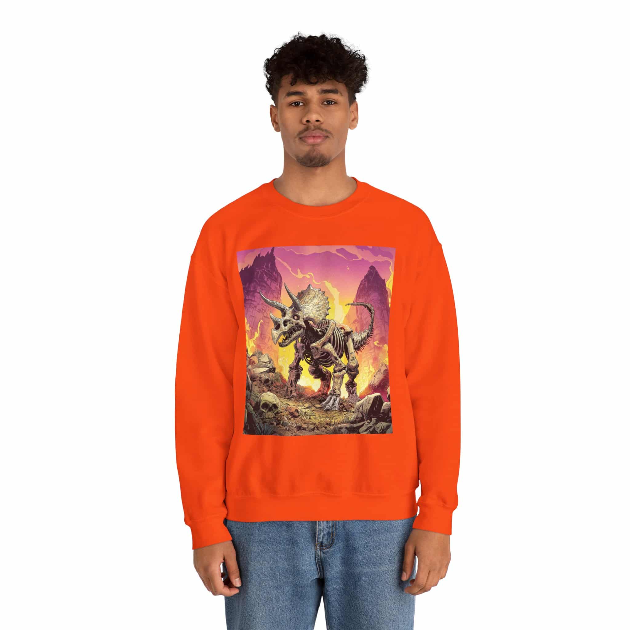 Skeletal Zombie Triceratops In Volcanic Wasteland Unisex Heavy Blend™ Crewneck Sweatshirt - Image 32