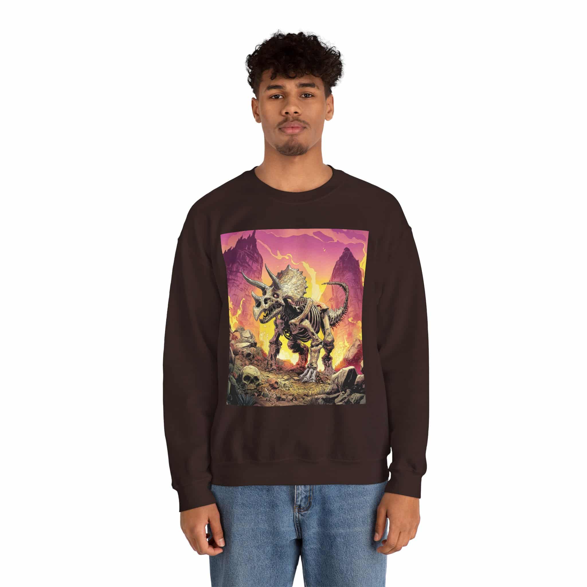 Skeletal Zombie Triceratops In Volcanic Wasteland Unisex Heavy Blend™ Crewneck Sweatshirt - Image 24