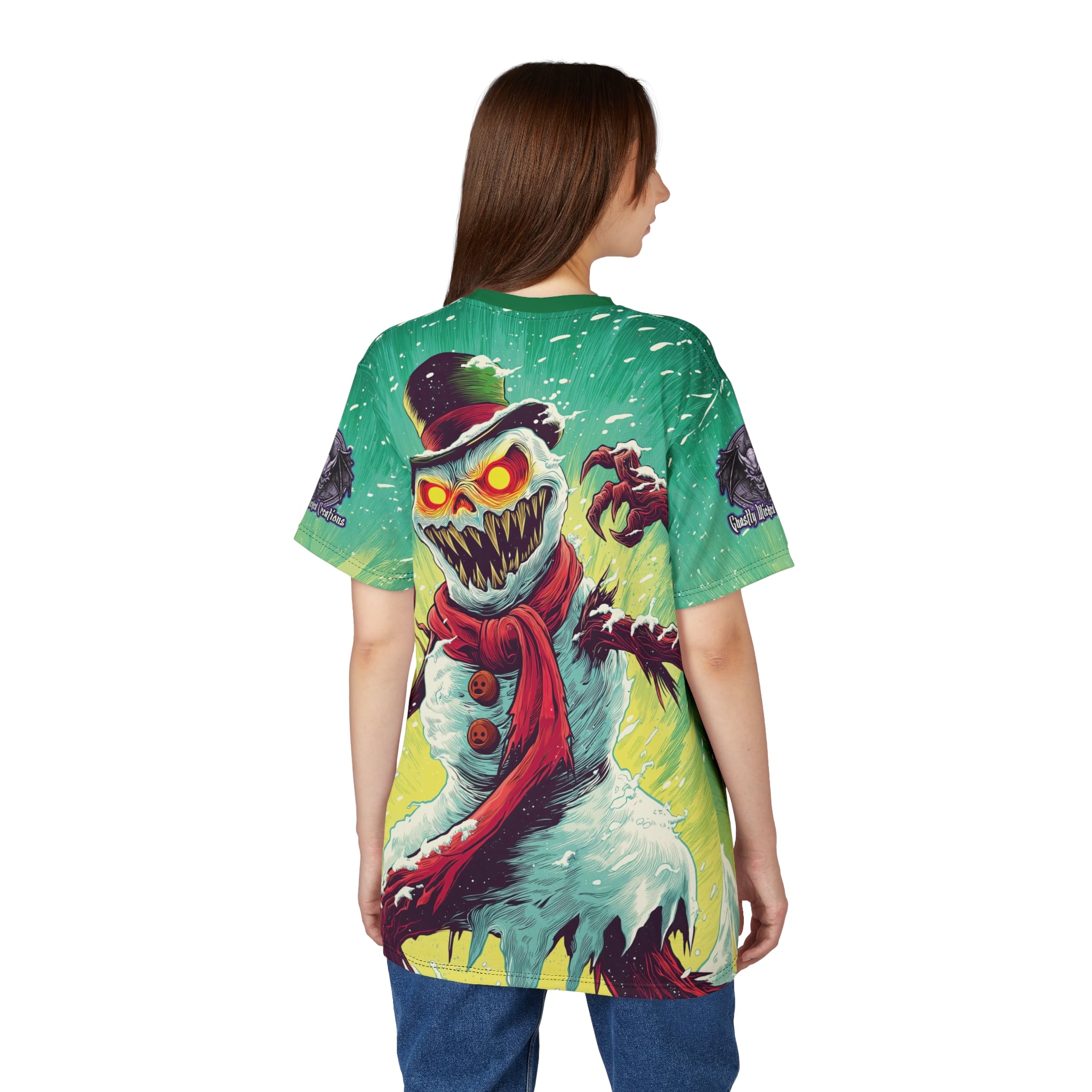 Sadistic Snowman Pop 60’s Art Style Unisex Tee (AOP) Christmas Winter - Image 14