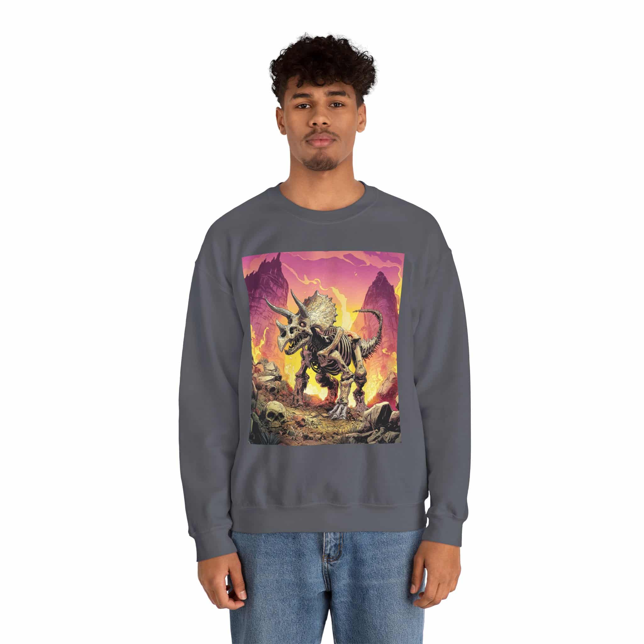 Skeletal Zombie Triceratops In Volcanic Wasteland Unisex Heavy Blend™ Crewneck Sweatshirt - Image 12