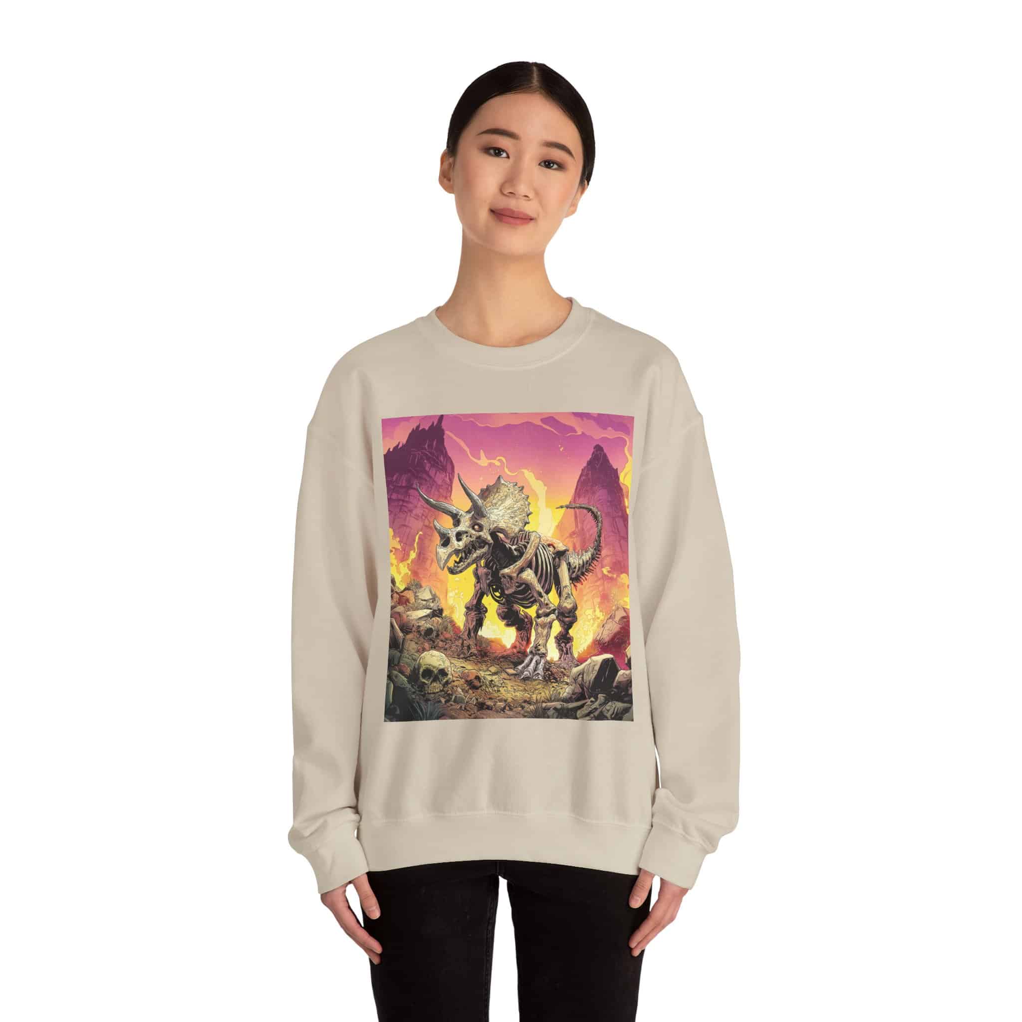 Skeletal Zombie Triceratops In Volcanic Wasteland Unisex Heavy Blend™ Crewneck Sweatshirt - Image 26