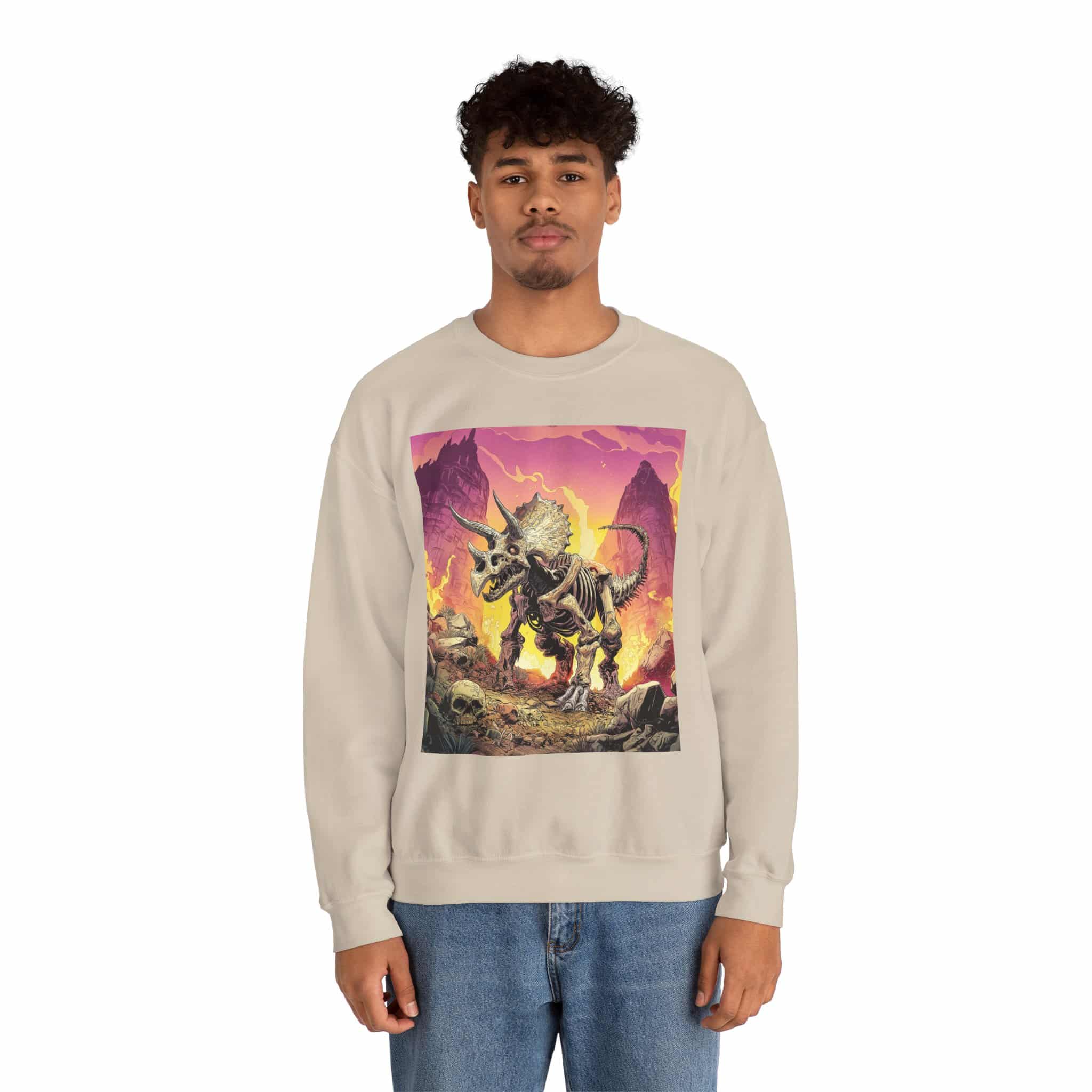 Skeletal Zombie Triceratops In Volcanic Wasteland Unisex Heavy Blend™ Crewneck Sweatshirt - Image 28