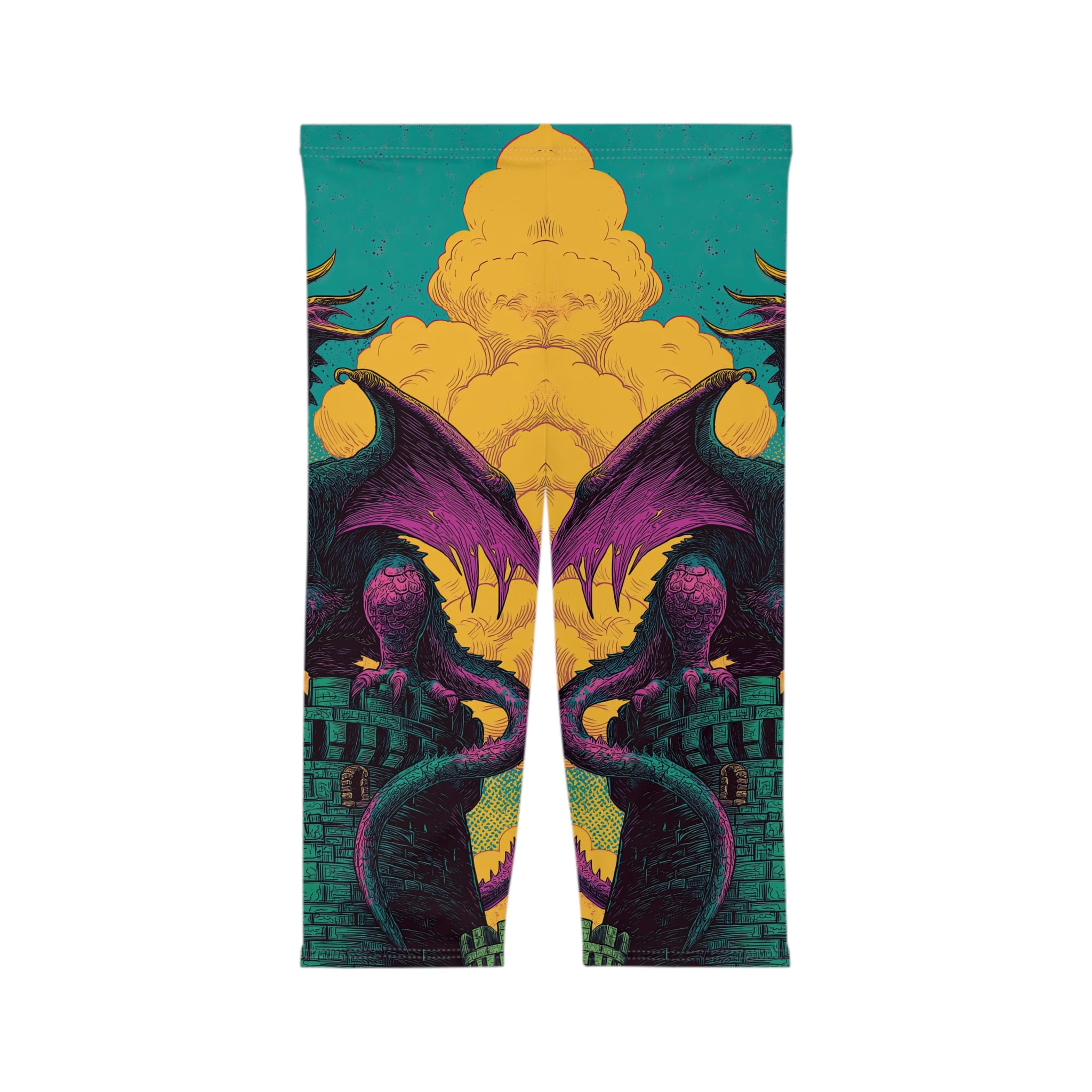 Dragon Guarding Castle Tower 60’s Pop Art Style Capri Leggings - Image 3