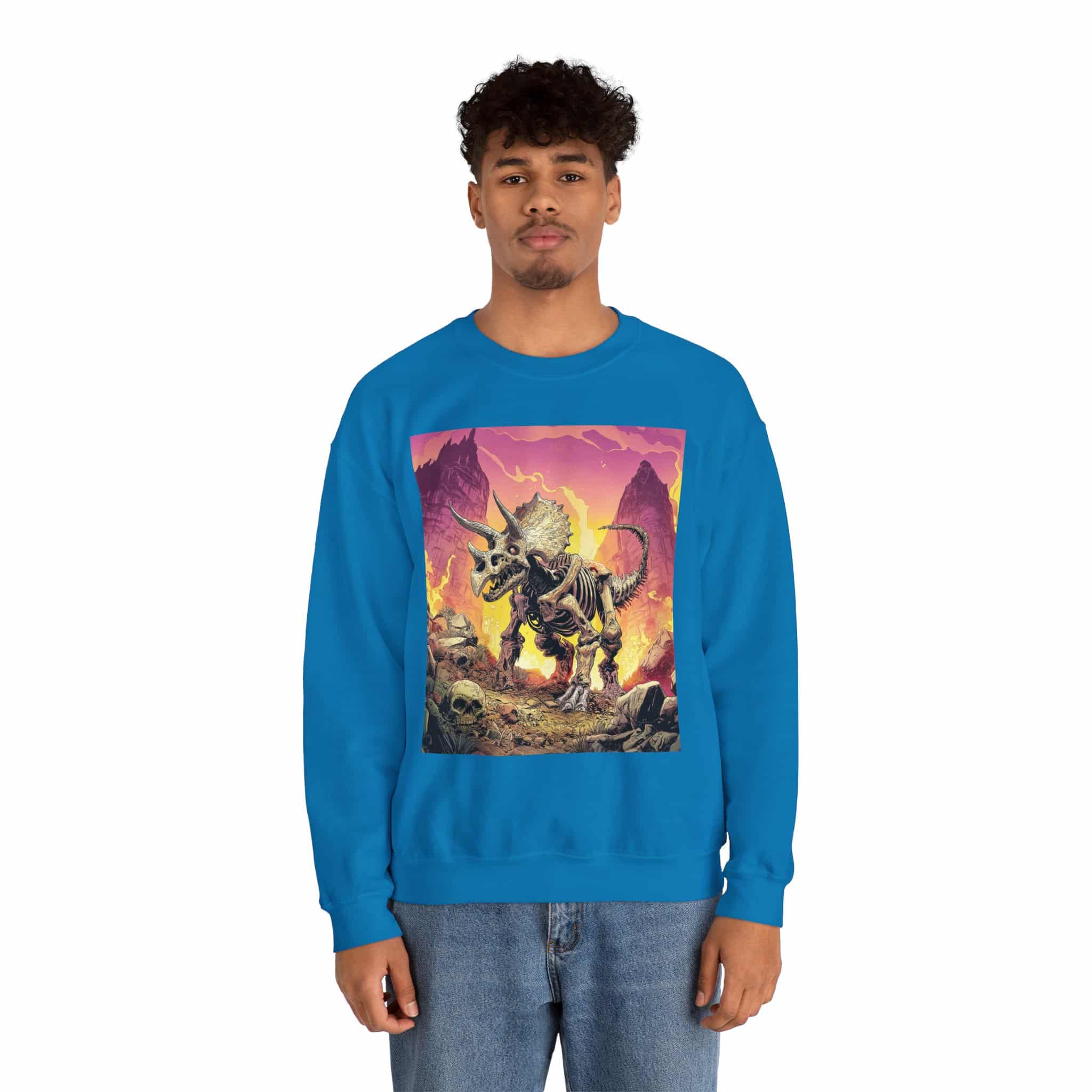 Skeletal Zombie Triceratops In Volcanic Wasteland Unisex Heavy Blend™ Crewneck Sweatshirt - Image 44