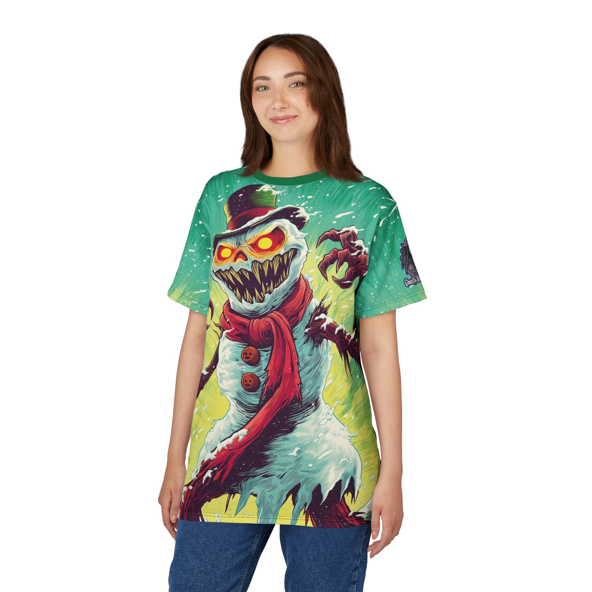 Sadistic Snowman Pop 60’s Art Style Unisex Tee (AOP) Christmas Winter - Image 11