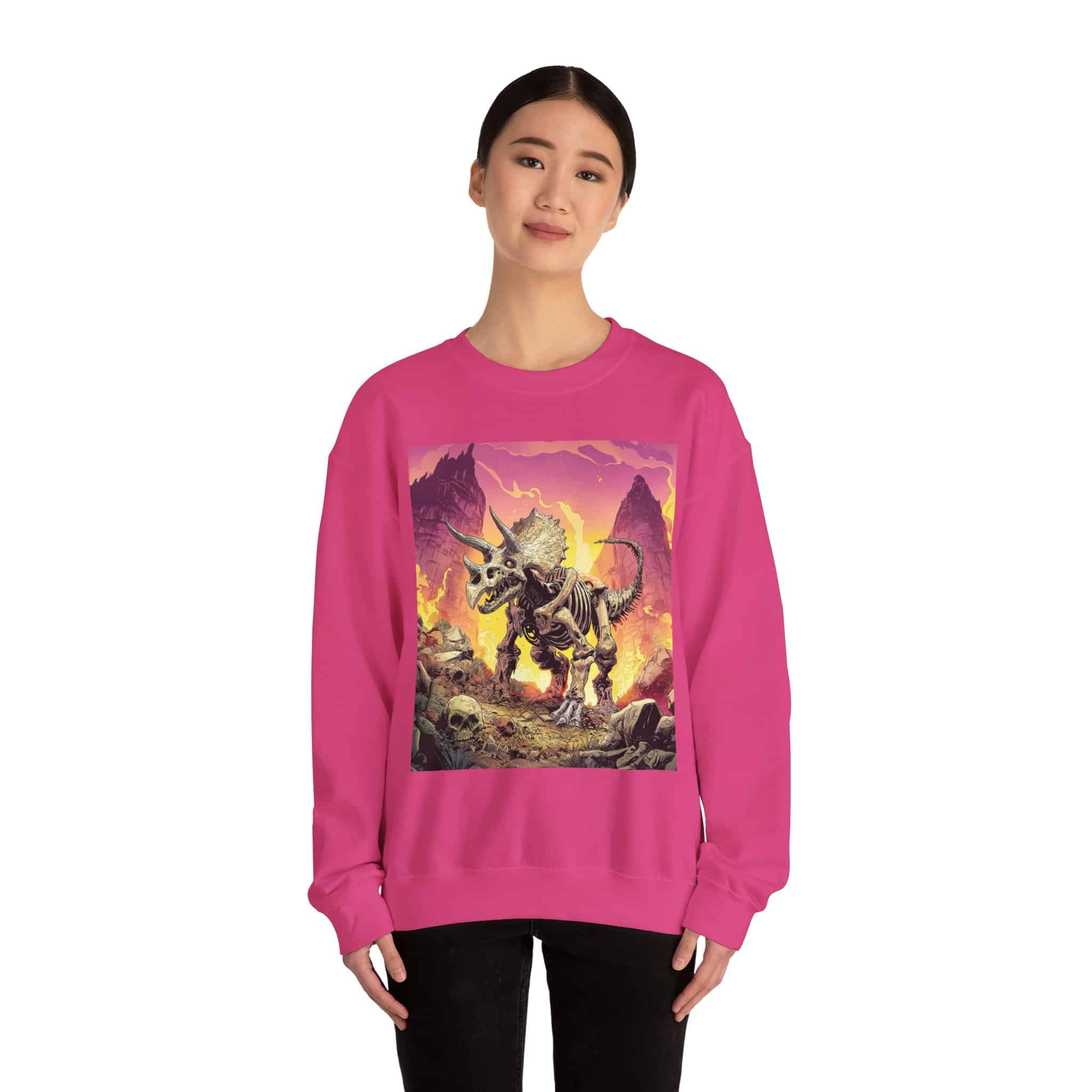 Skeletal Zombie Triceratops In Volcanic Wasteland Unisex Heavy Blend™ Crewneck Sweatshirt - Image 2