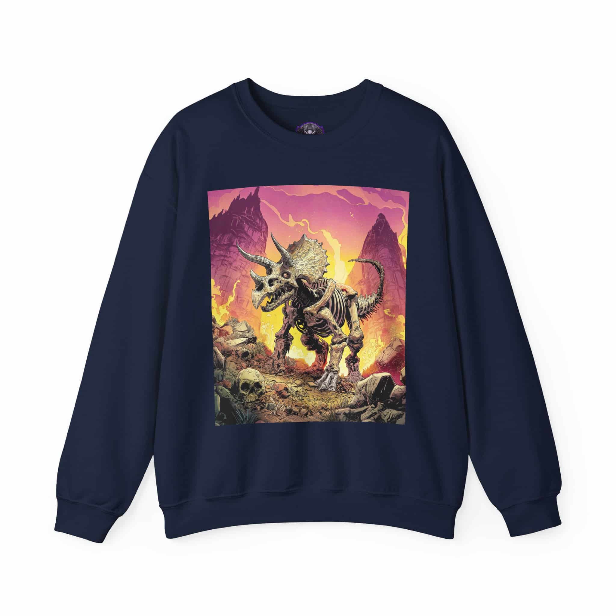 Skeletal Zombie Triceratops In Volcanic Wasteland Unisex Heavy Blend™ Crewneck Sweatshirt - Image 49