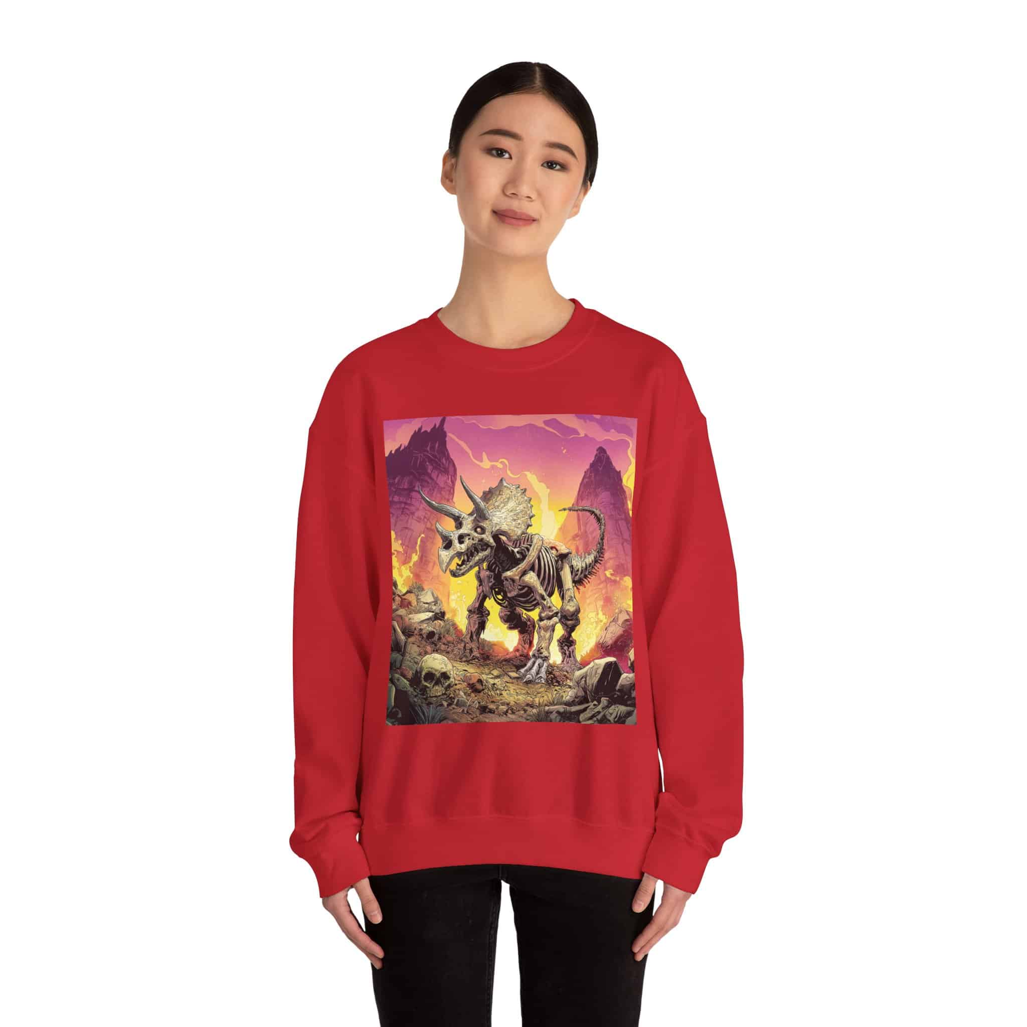 Skeletal Zombie Triceratops In Volcanic Wasteland Unisex Heavy Blend™ Crewneck Sweatshirt - Image 58