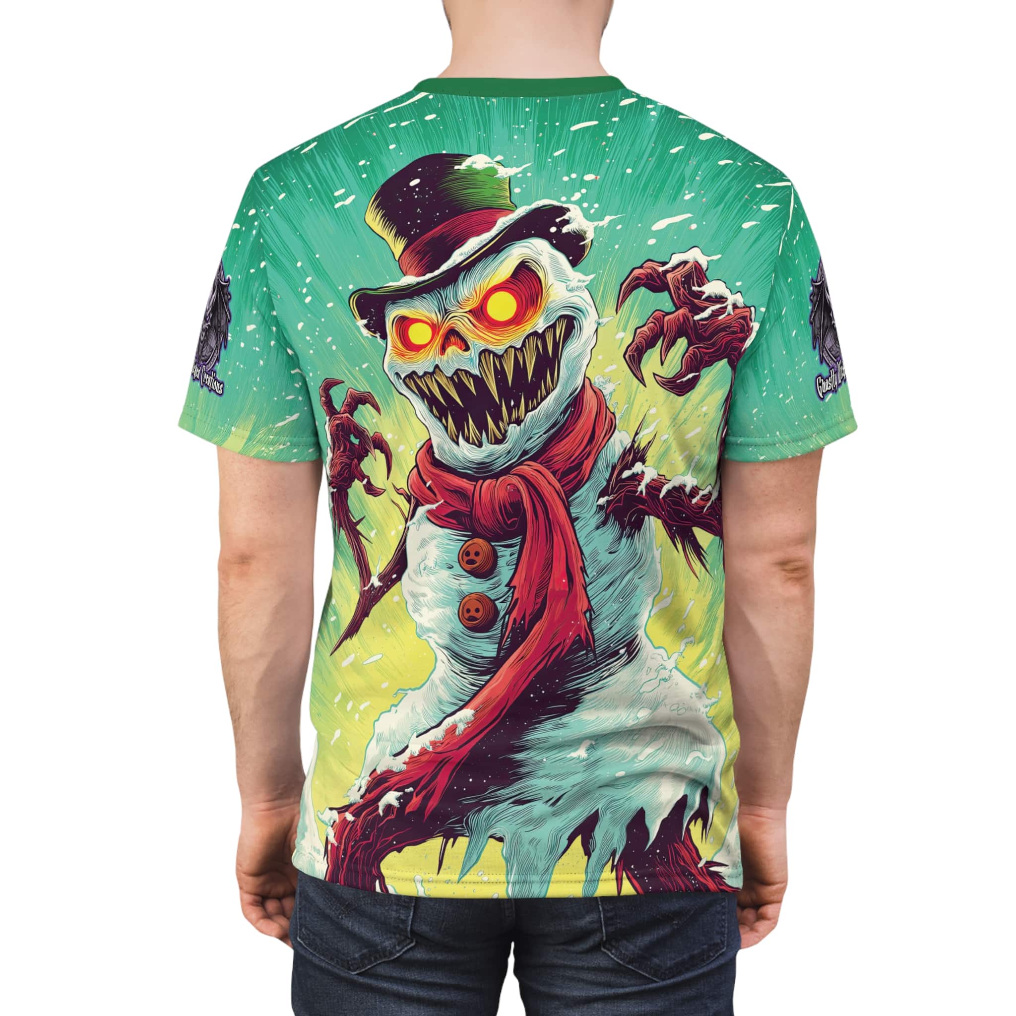 Sadistic Snowman Pop 60’s Art Style Unisex Tee (AOP) Christmas Winter - Image 12