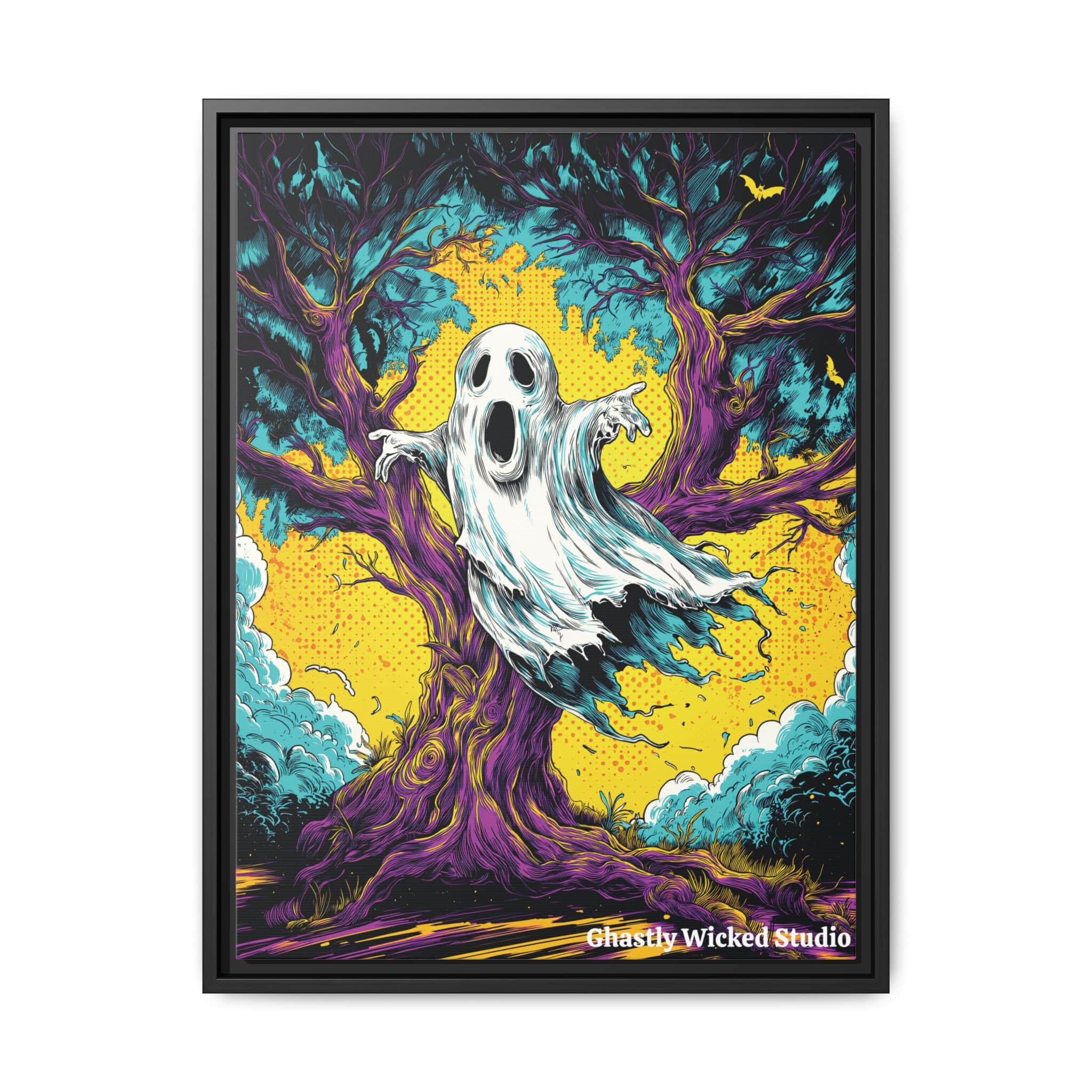 Ghost & Spooky Tree Pop 60’s Art Style Matte Canvas, Black Frame Halloween - Image 7
