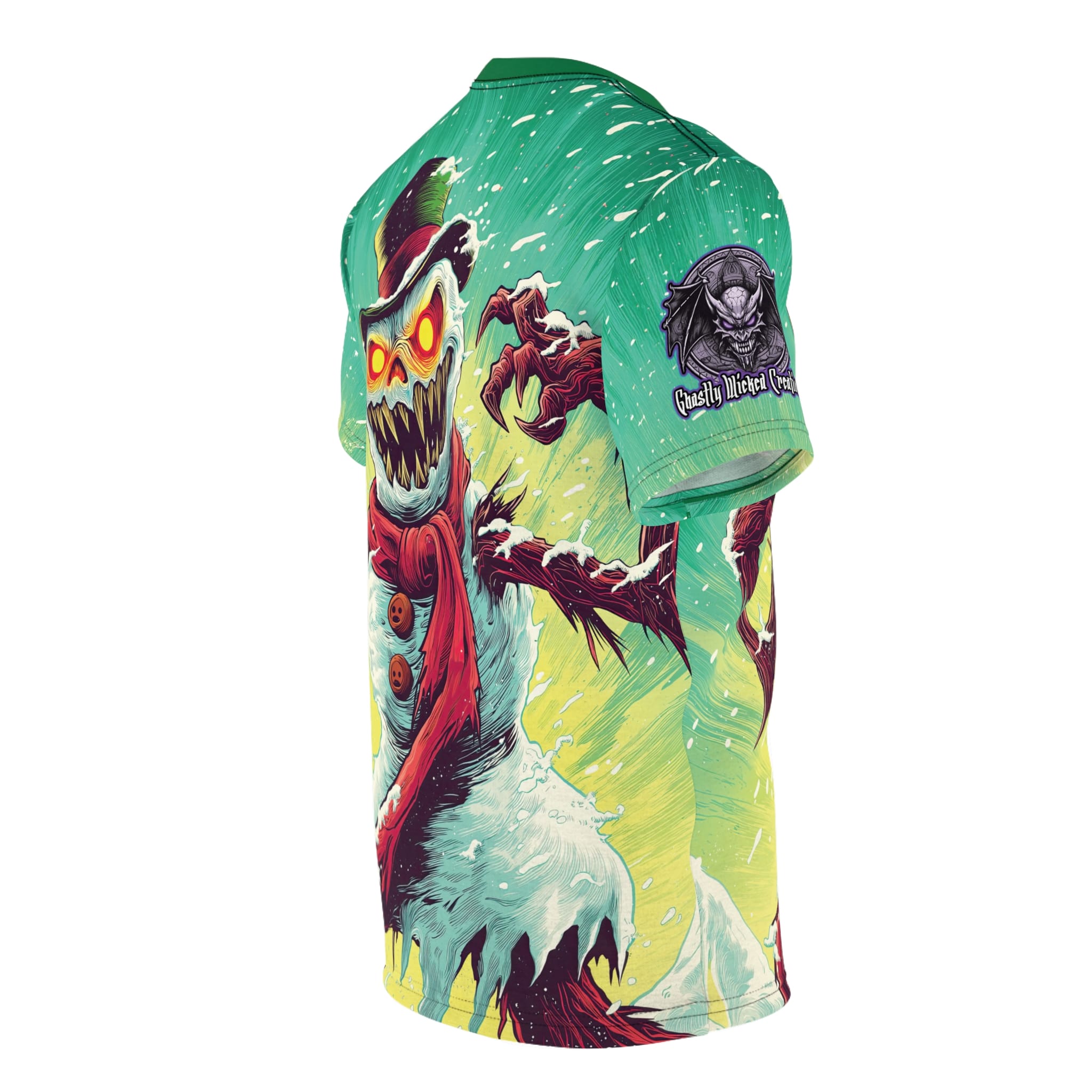 Sadistic Snowman Pop 60’s Art Style Unisex Tee (AOP) Christmas Winter - Image 15