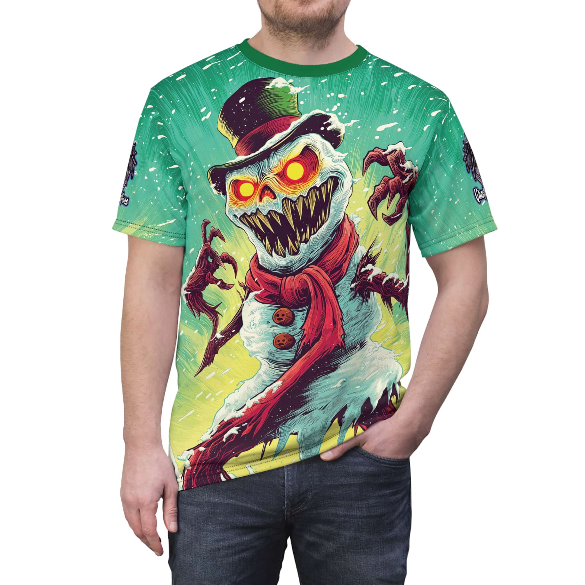 Sadistic Snowman Pop 60’s Art Style Unisex Tee (AOP) Christmas Winter - Image 9