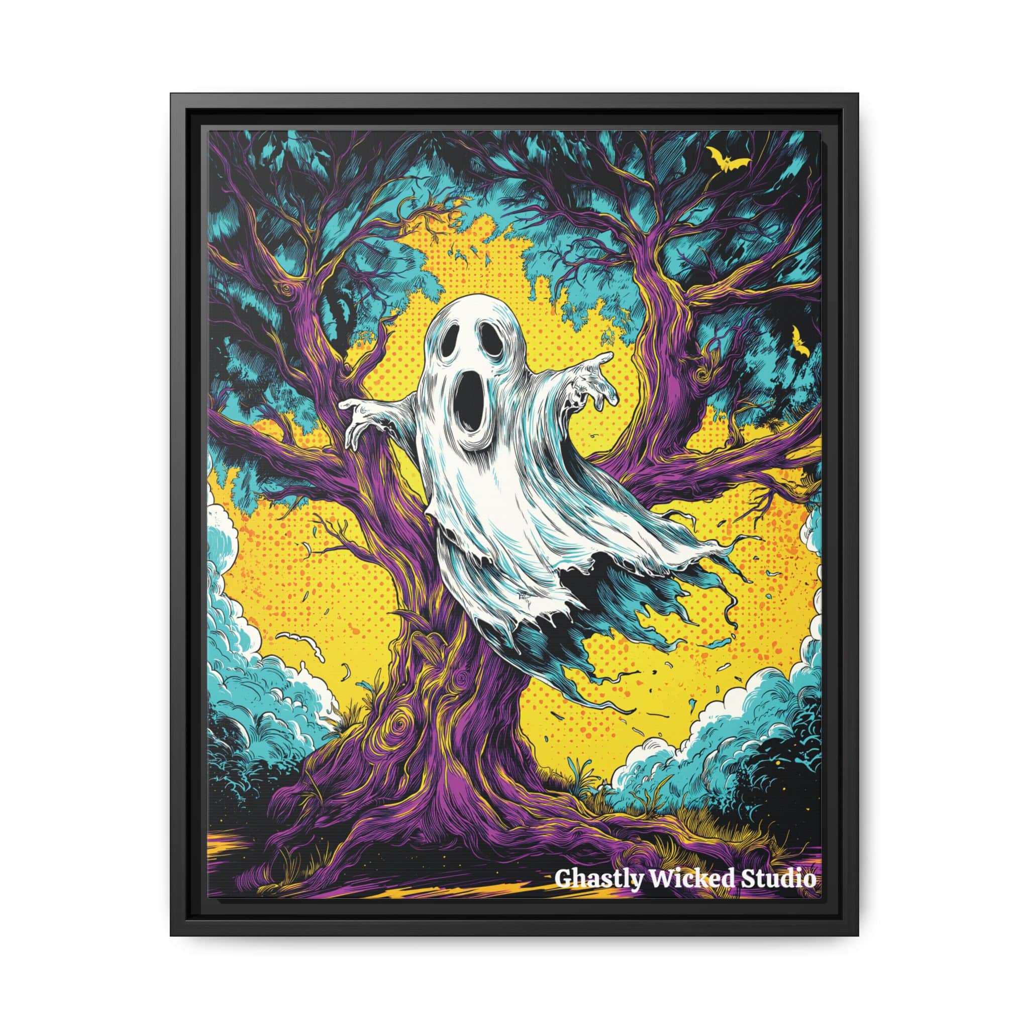 Ghost & Spooky Tree Pop 60’s Art Style Matte Canvas, Black Frame Halloween - Image 4