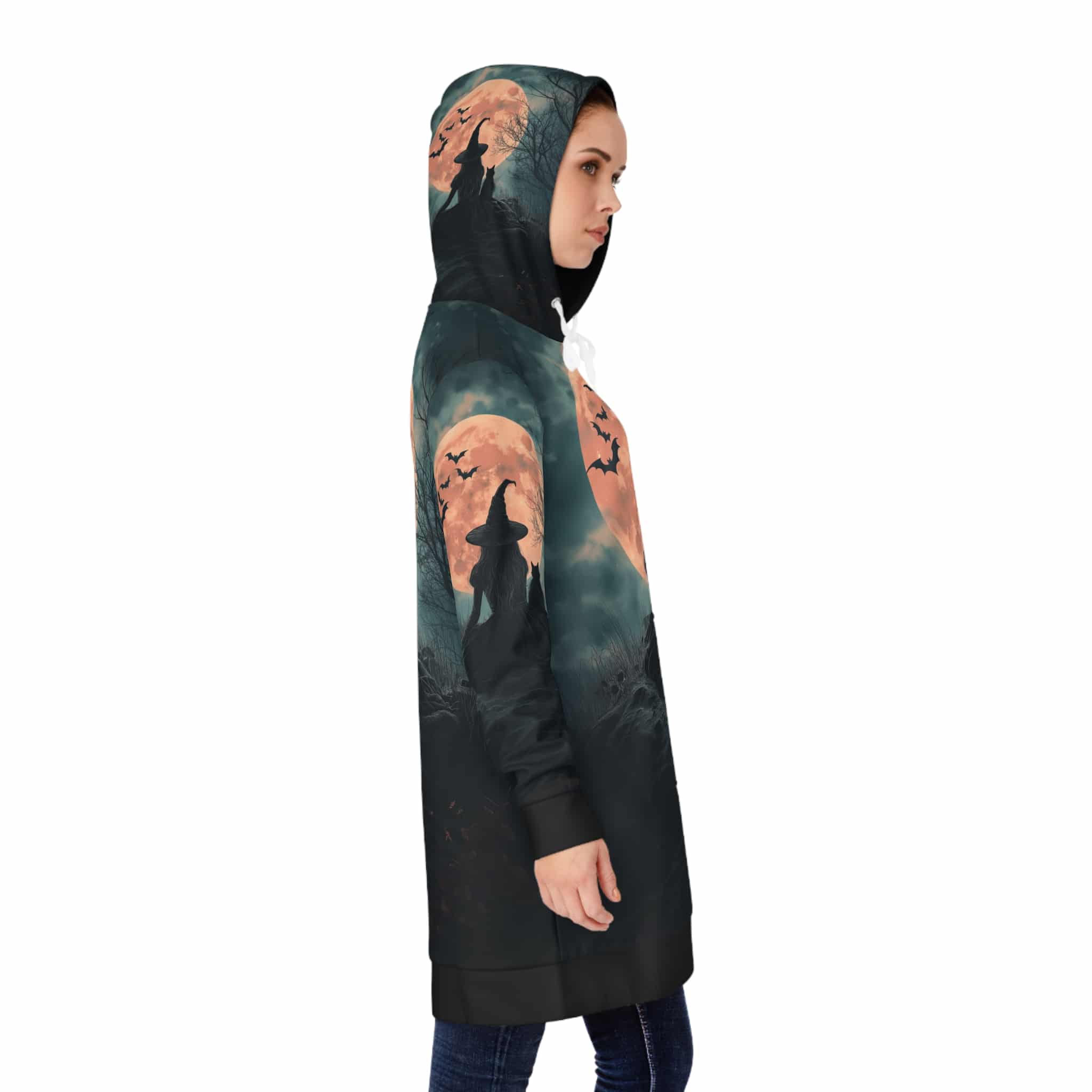 Hoodie Dress Witch Black Cat Moonlight Print - Image 6