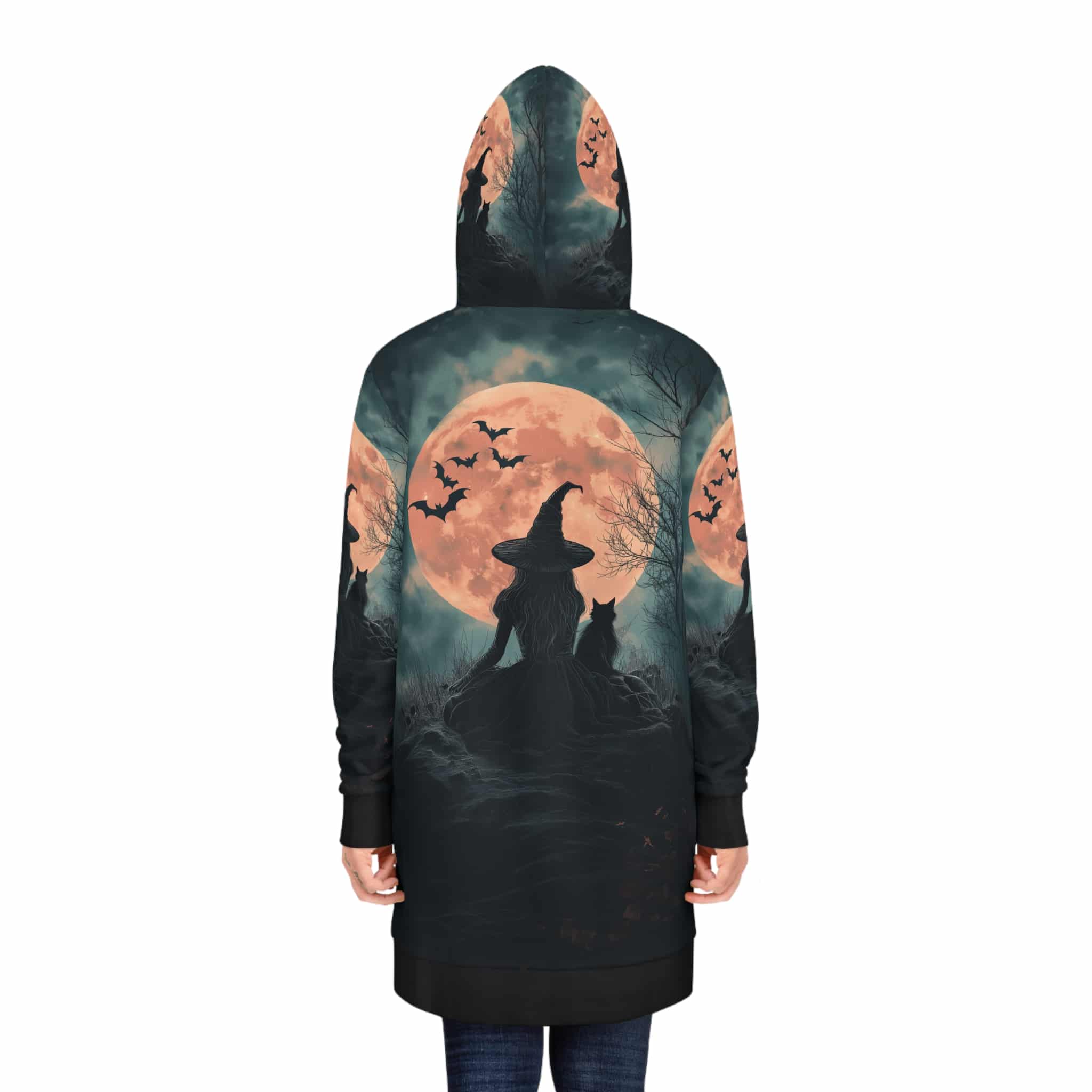 Hoodie Dress Witch Black Cat Moonlight Print - Image 5