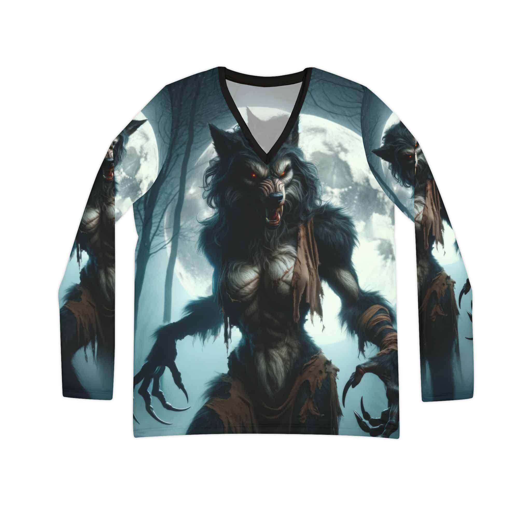 She-Werewolf Full Moon #ML-D-WW01 Women's Long Sleeve V-neck Shirt (AOP) - Image 2