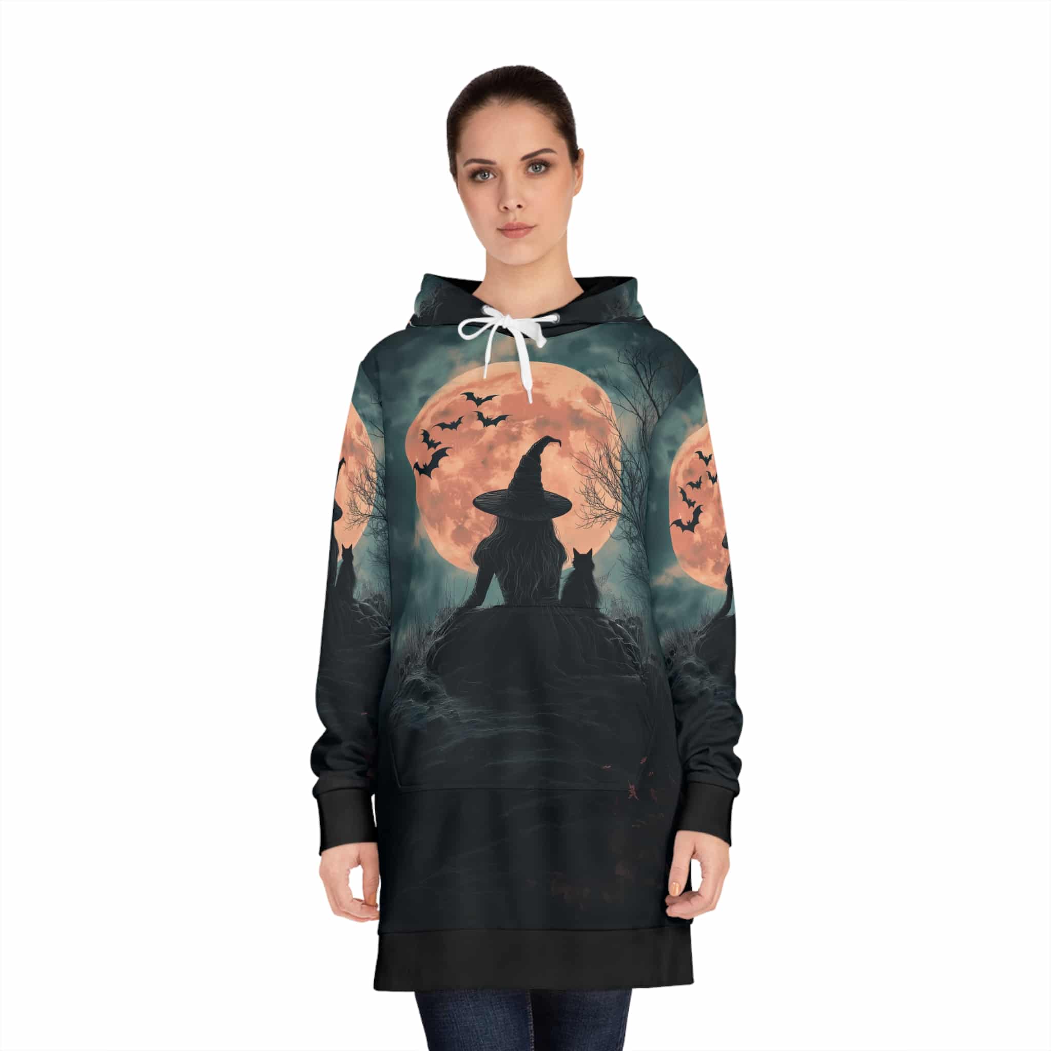Hoodie Dress Witch Black Cat Moonlight Print - Image 4