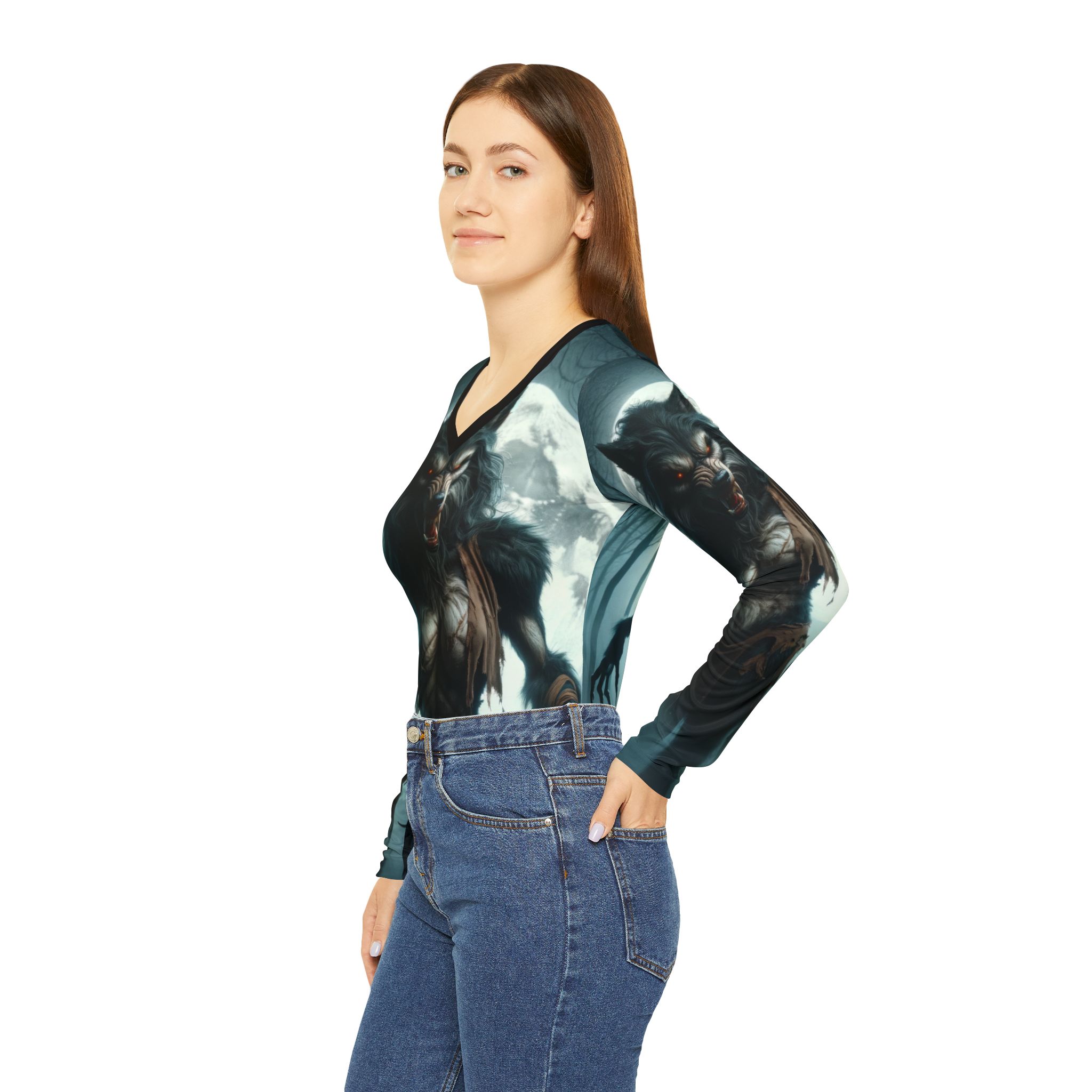 She-Werewolf Full Moon #ML-D-WW01 Women's Long Sleeve V-neck Shirt (AOP) - Image 5