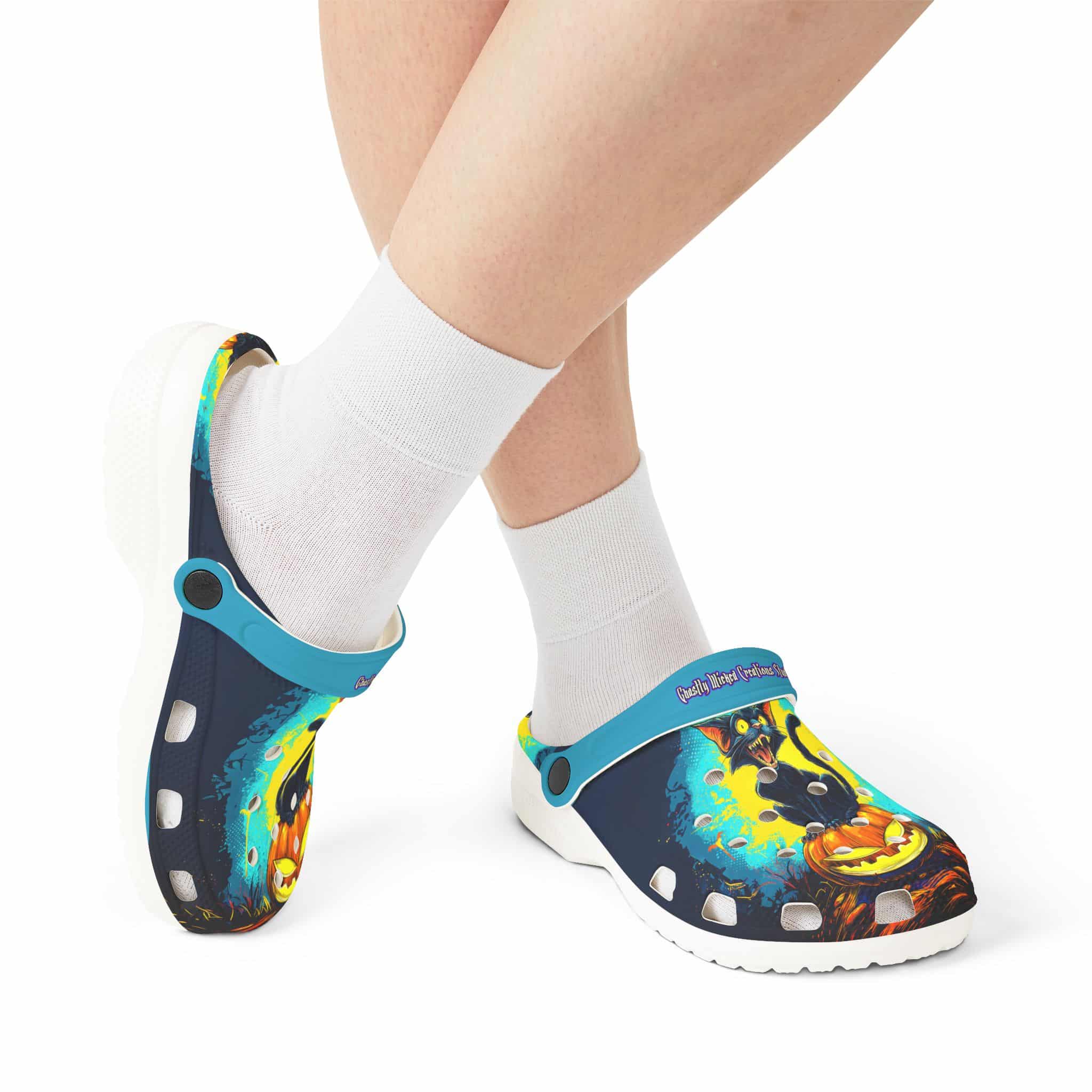 Black Cat On Jack O’ Lantern Pop 60's Art Style Clog Style Shoes - Image 18