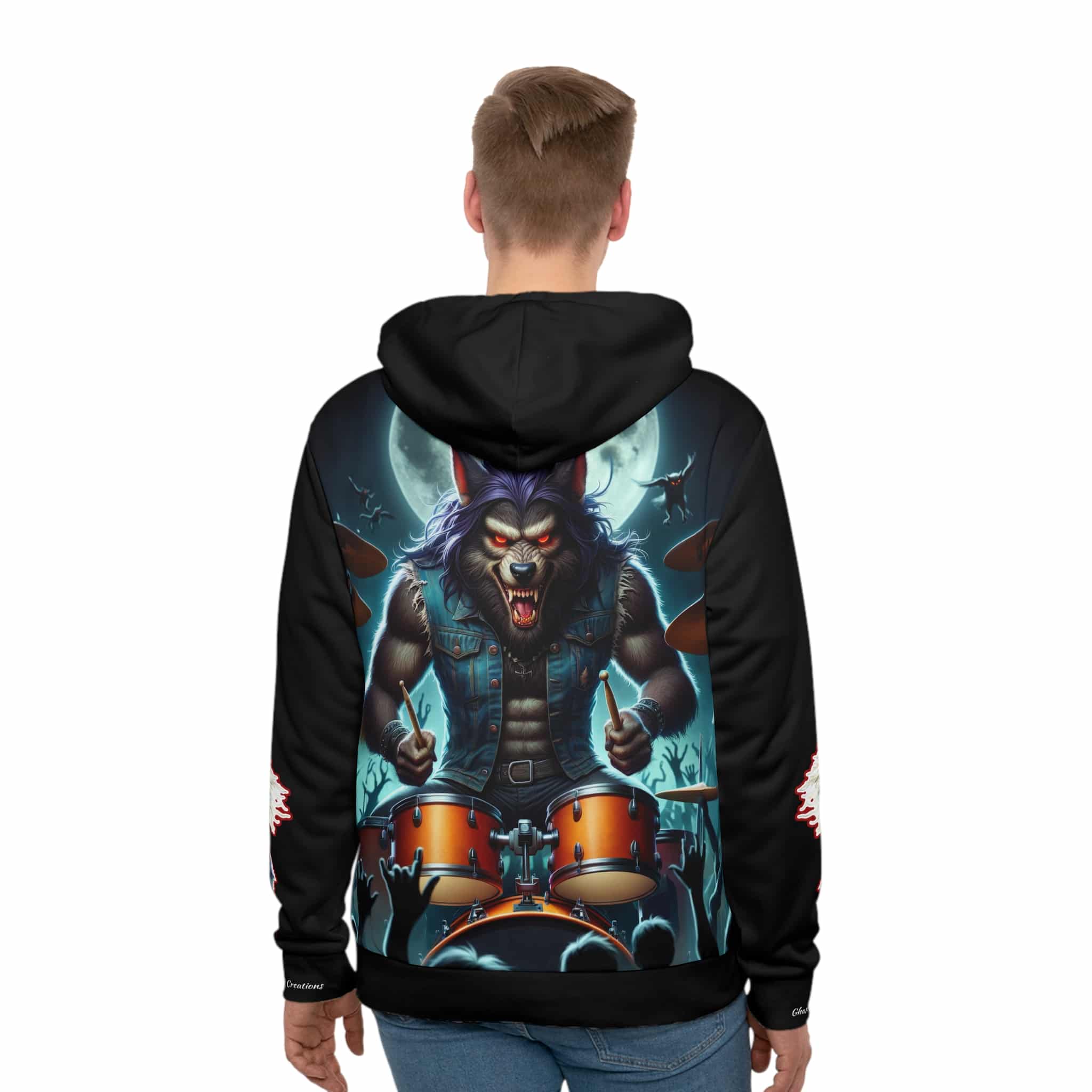 Monster Mosh 2024 Tour Wolfie On Drums MM-D004 Men's Hoodie (AOP) - Image 4
