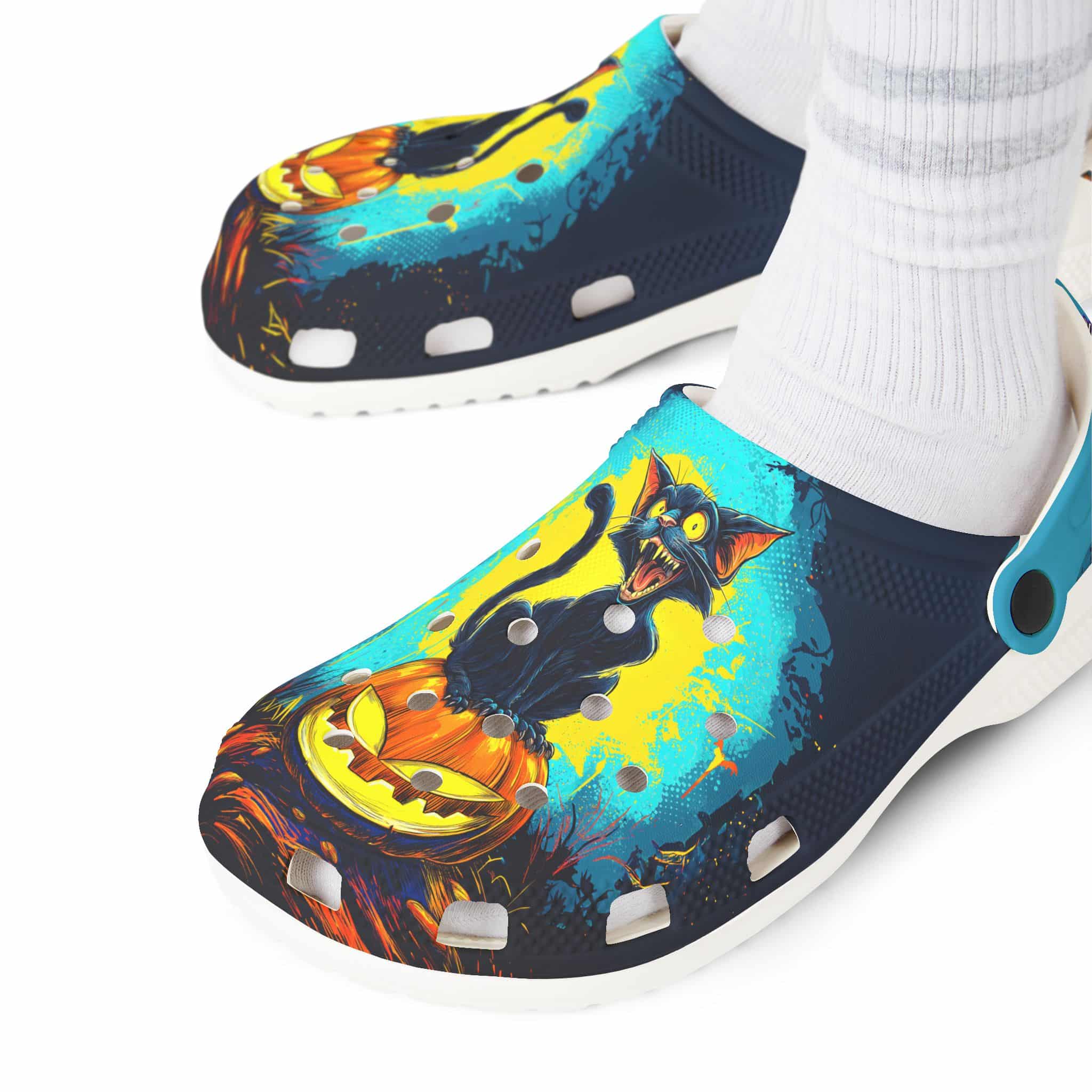 Black Cat On Jack O’ Lantern Pop 60's Art Style Clog Style Shoes - Image 16
