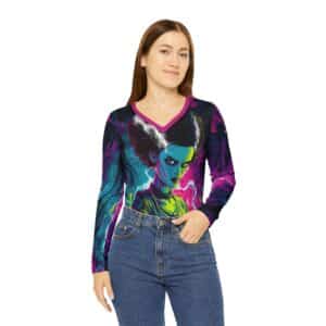 Bride Of Frankenstein Pop 60's Art Style Women's Long Sleeve V-neck Shirt (AOP)