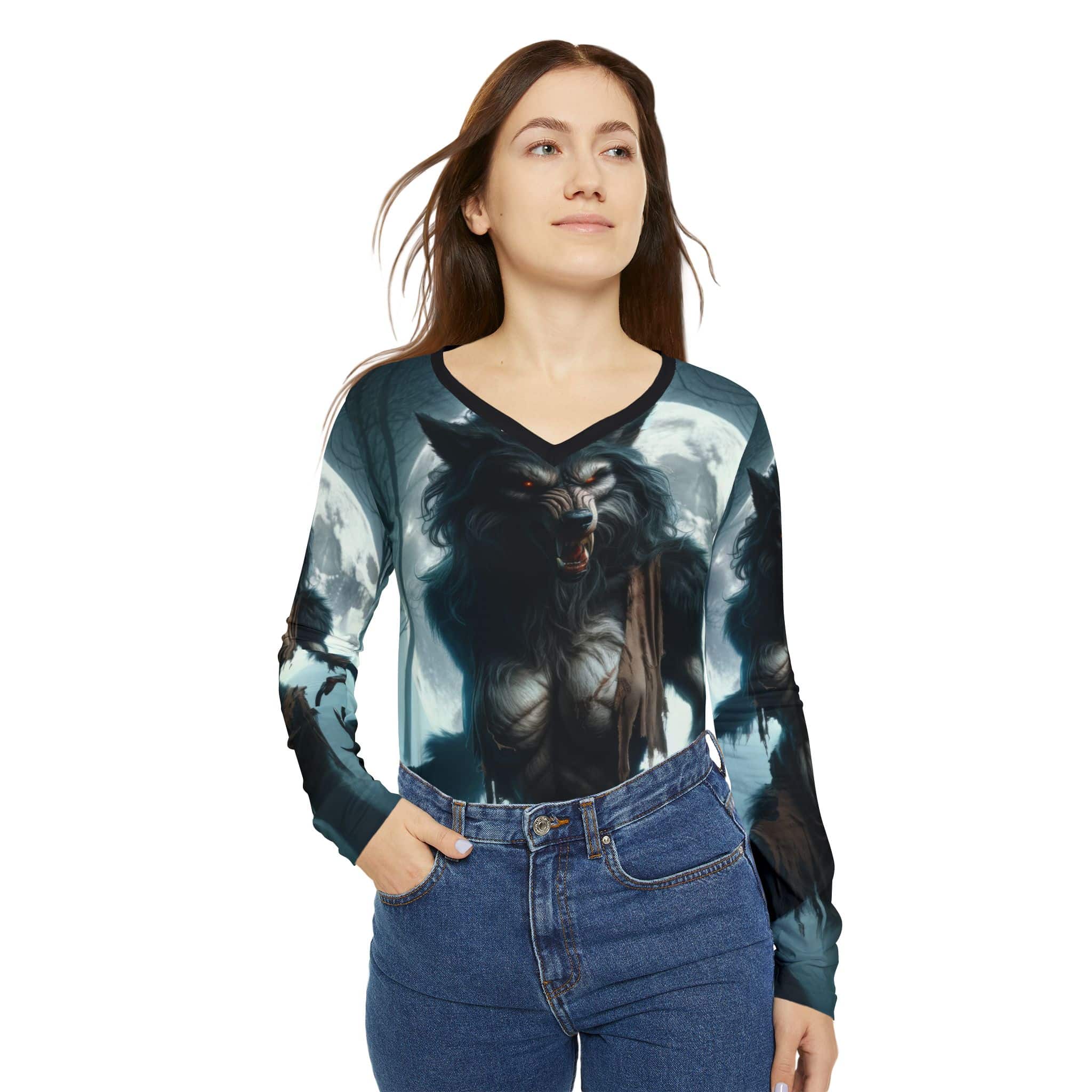 She-Werewolf Full Moon #ML-D-WW01 Women's Long Sleeve V-neck Shirt (AOP) - Image 7