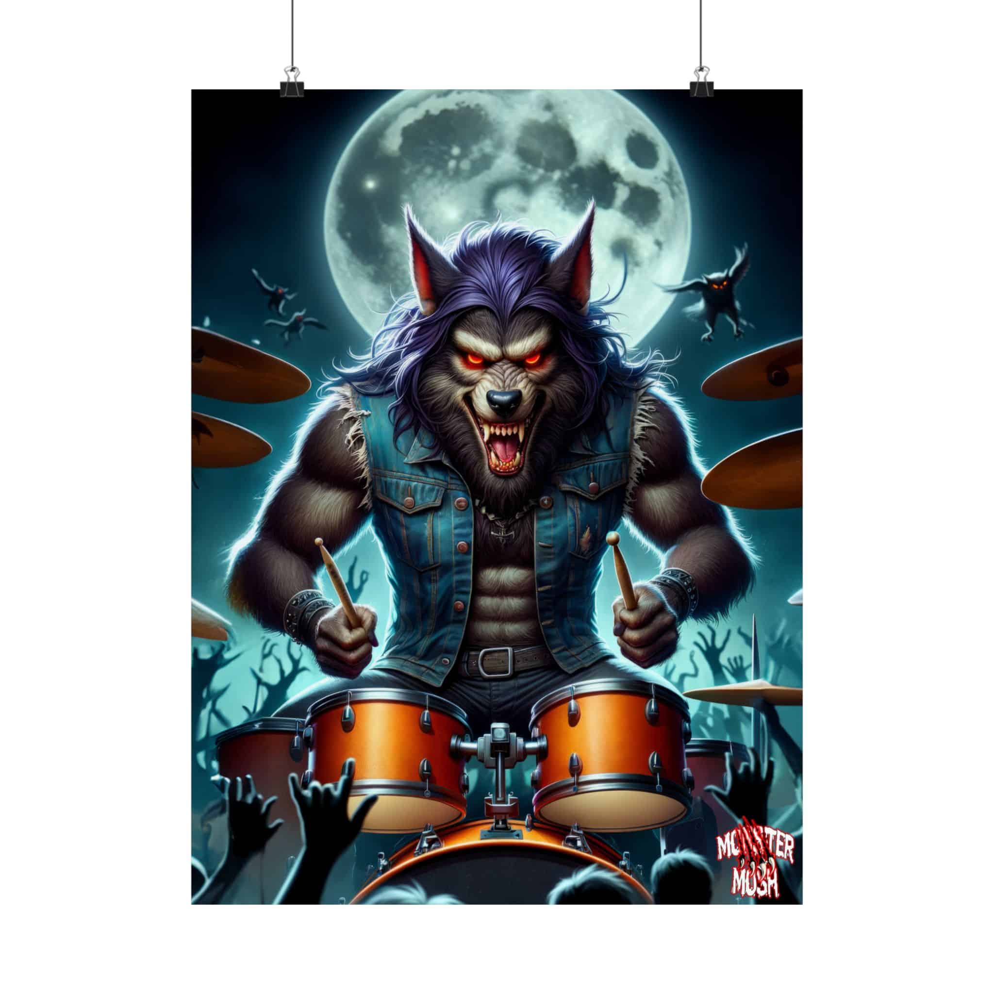 Monster Mosh 2024 Tour Wolfie On Drums MM-D004 Matte Vertical Posters