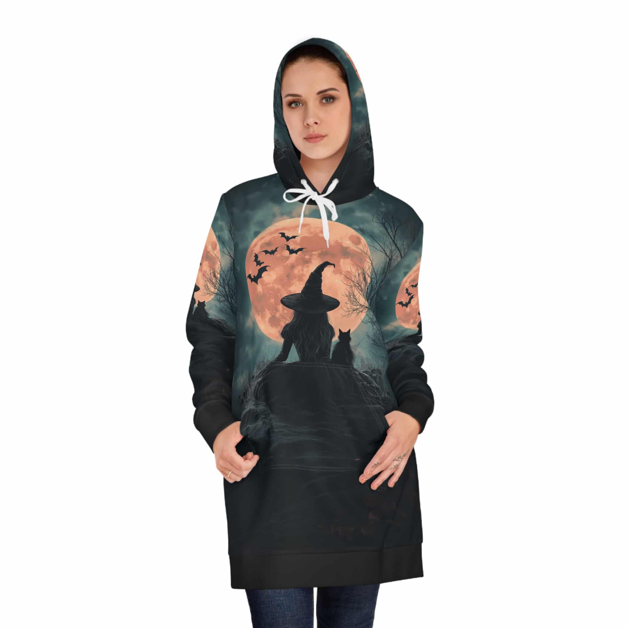 Hoodie Dress Witch Black Cat Moonlight Print