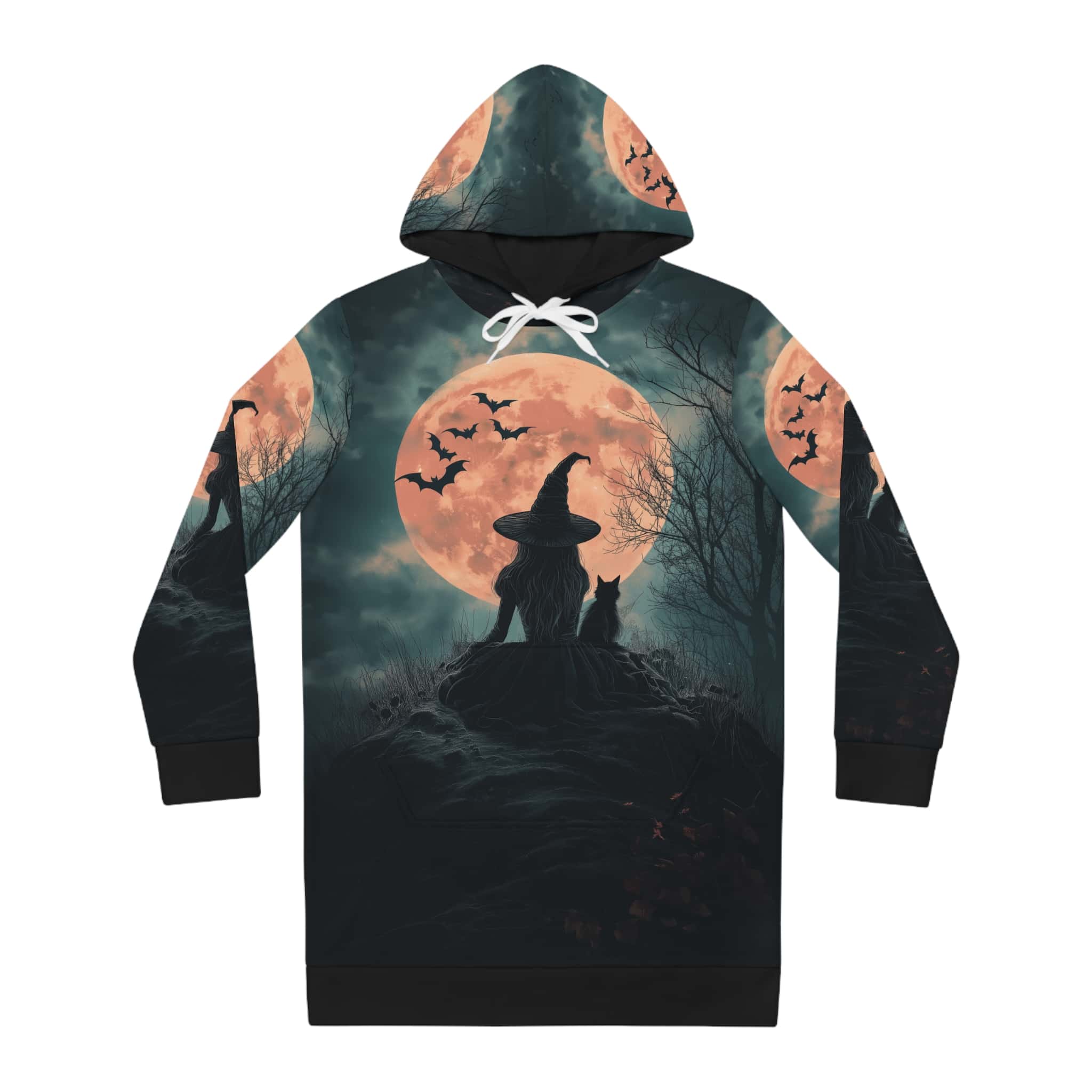 Hoodie Dress Witch Black Cat Moonlight Print - Image 2
