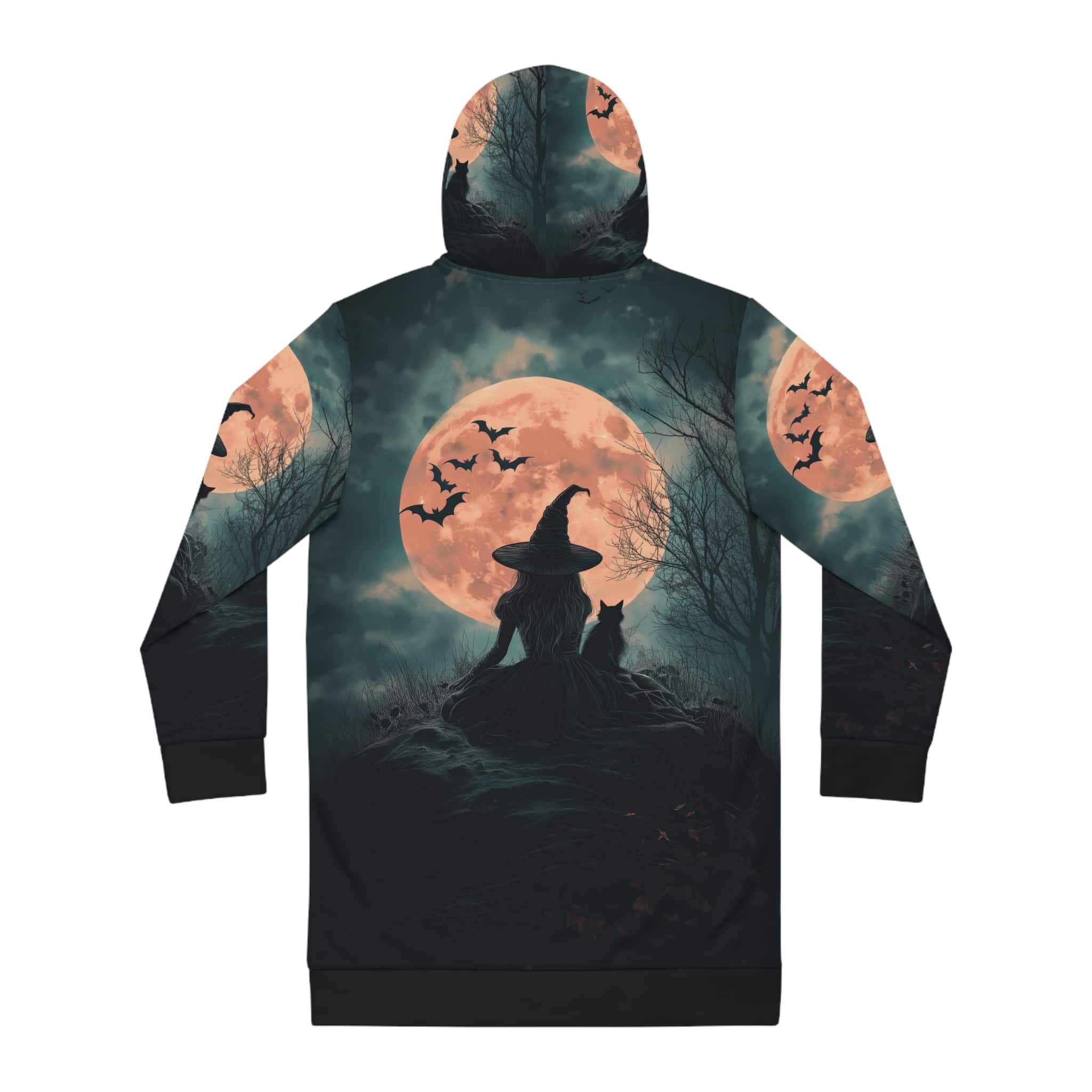 Hoodie Dress Witch Black Cat Moonlight Print - Image 3