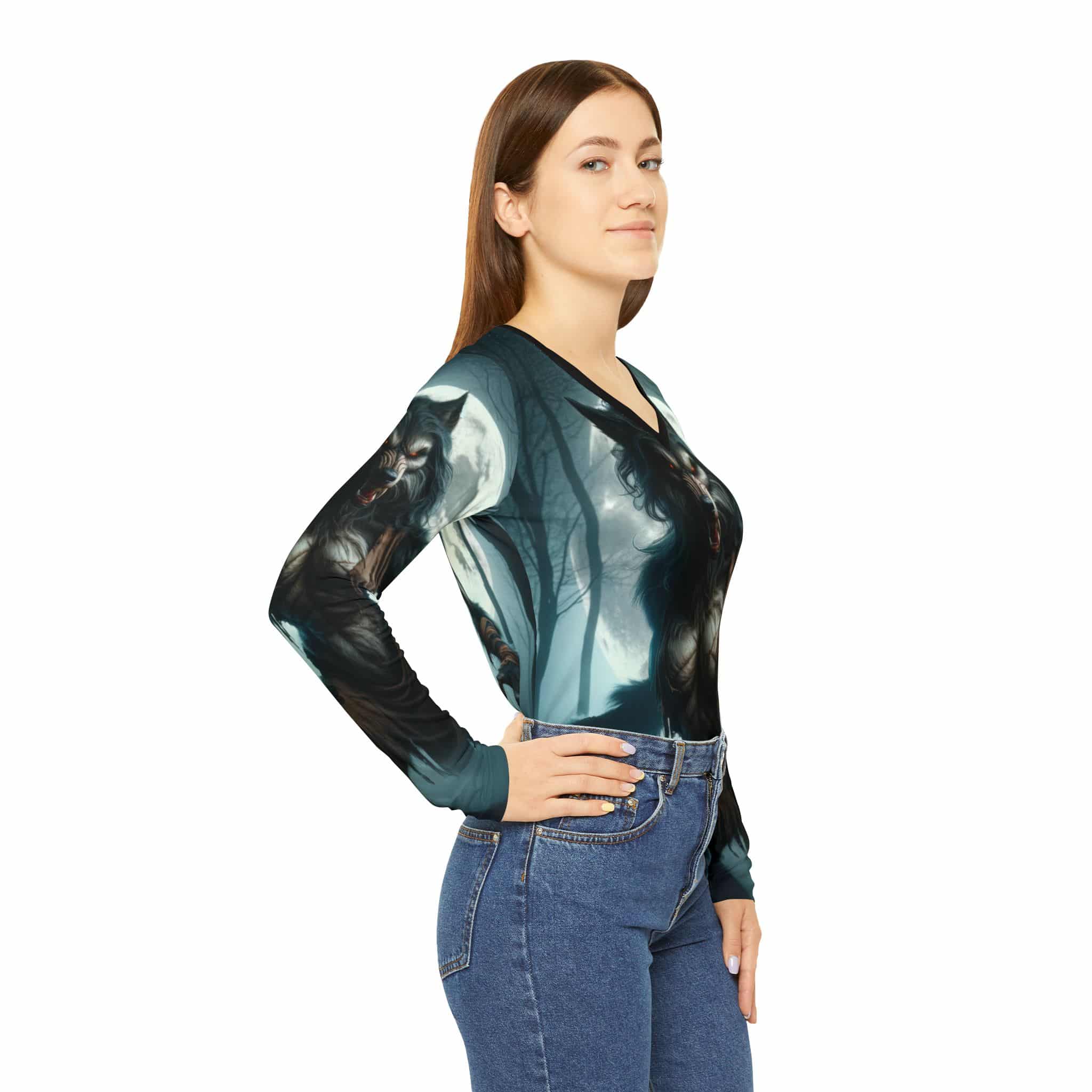 She-Werewolf Full Moon #ML-D-WW01 Women's Long Sleeve V-neck Shirt (AOP) - Image 6