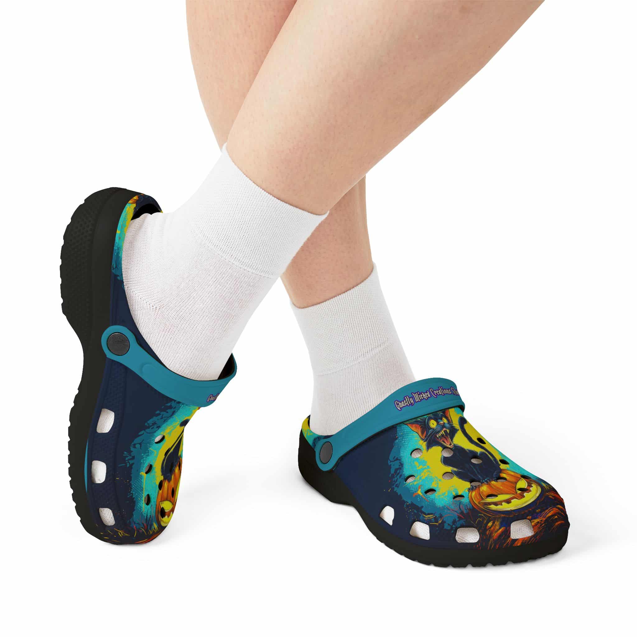 Black Cat On Jack O’ Lantern Pop 60's Art Style Clog Style Shoes - Image 9