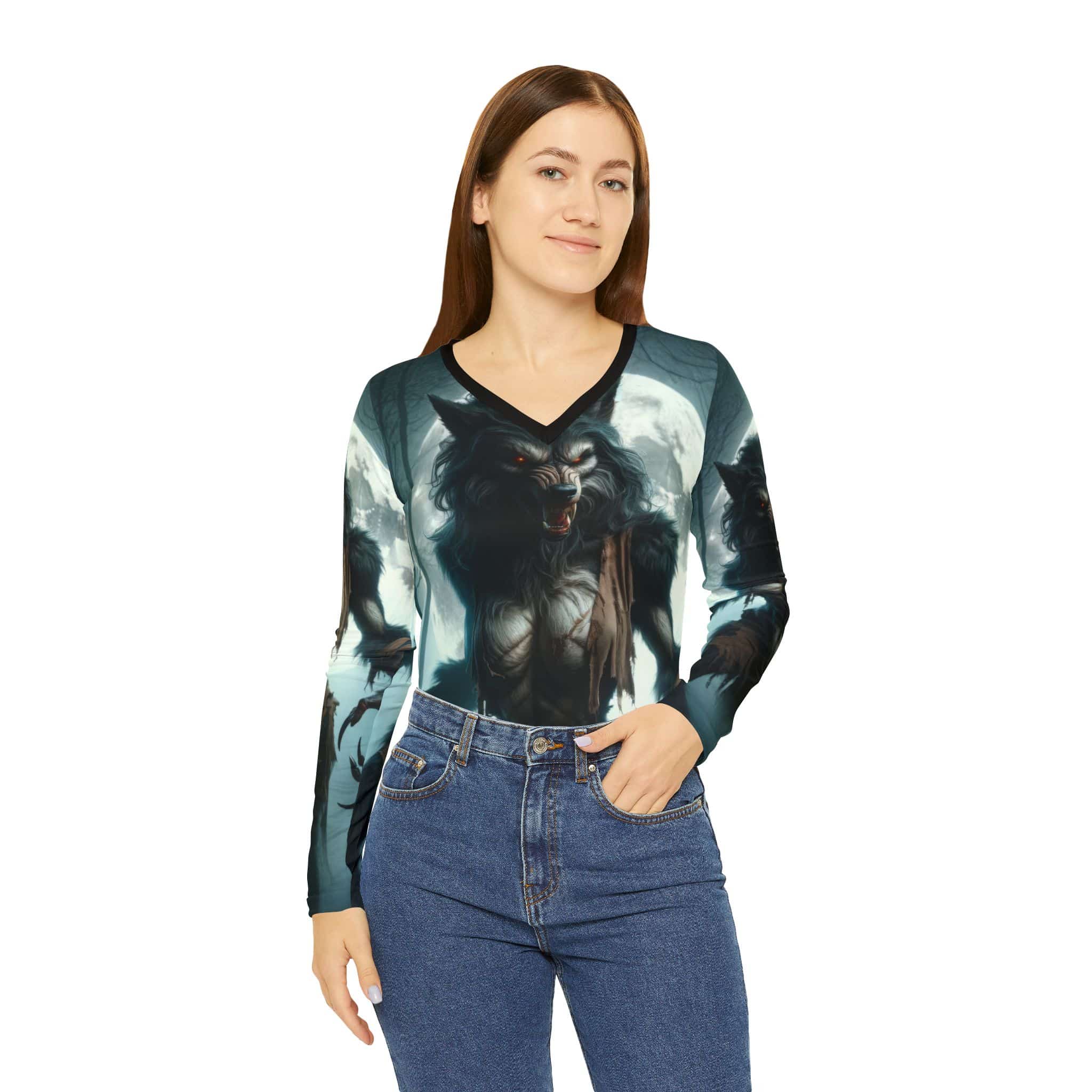 She-Werewolf Full Moon #ML-D-WW01 Women's Long Sleeve V-neck Shirt (AOP)