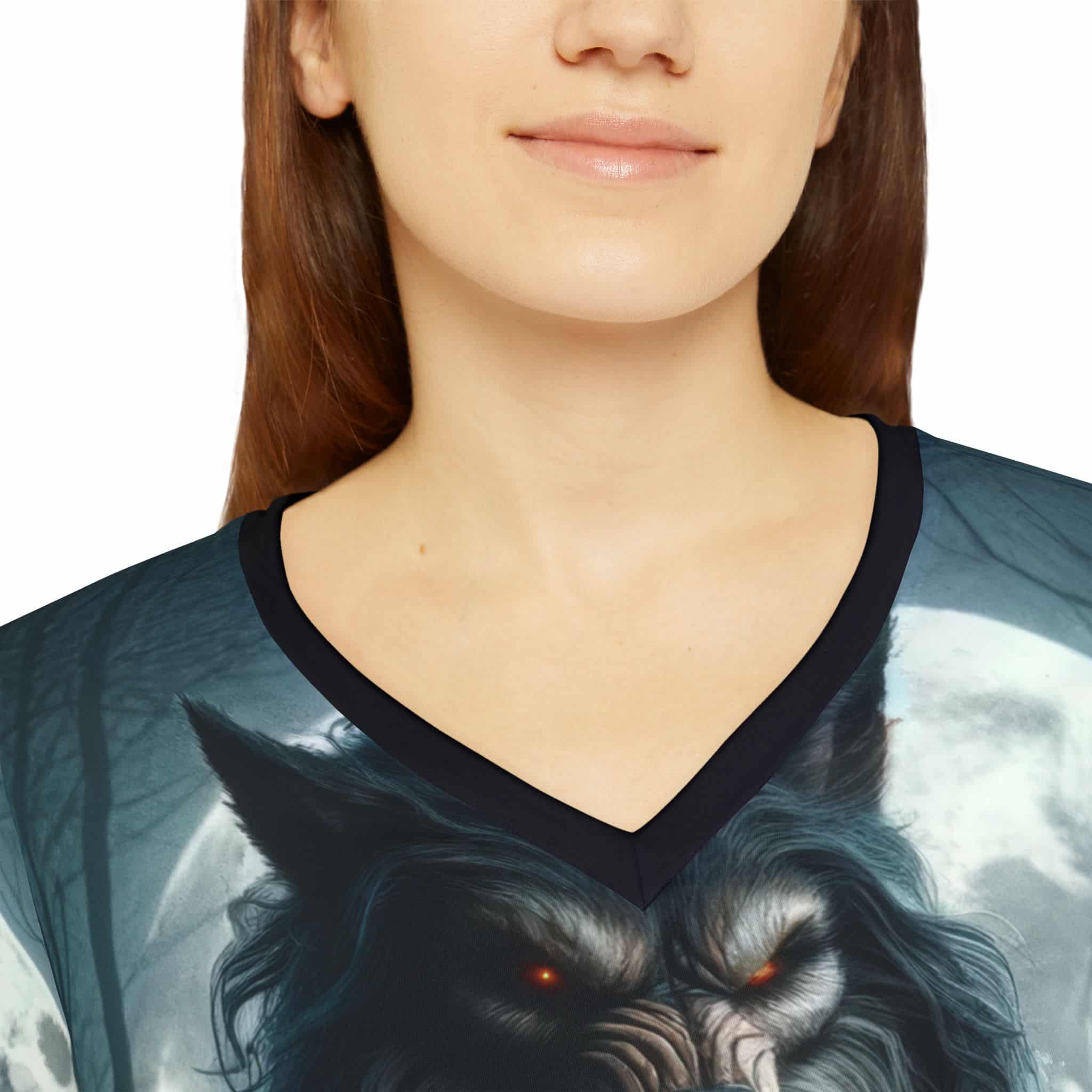 She-Werewolf Full Moon #ML-D-WW01 Women's Long Sleeve V-neck Shirt (AOP) - Image 8