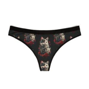 Women's Thongs Mama Cat & Kittens with flowers Design #WD-M001 - Black