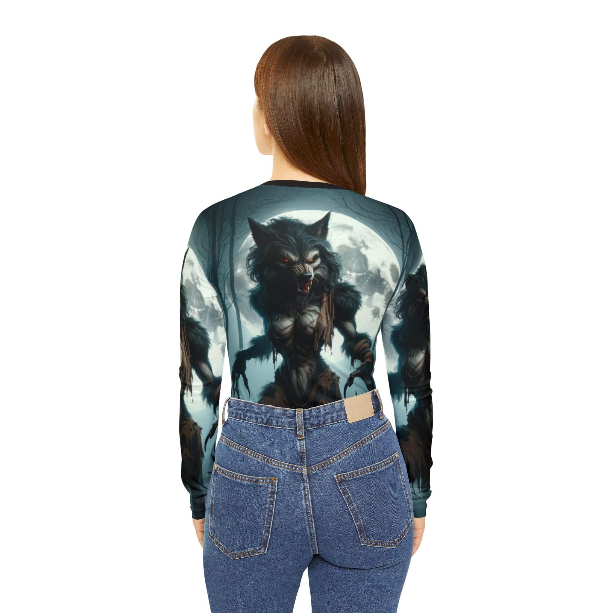 She-Werewolf Full Moon #ML-D-WW01 Women's Long Sleeve V-neck Shirt (AOP) - Image 4