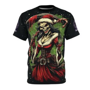 Undead Skeleton Mrs. Clause I Unisex Cut & Sew Tee (AOP) Christmas Klaus