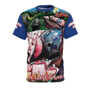 Cannibalistic Chicken Band The Goose Is Loose Unisex Tee (AOP) Hand Drawn By Band Front man: Blue Sleeves