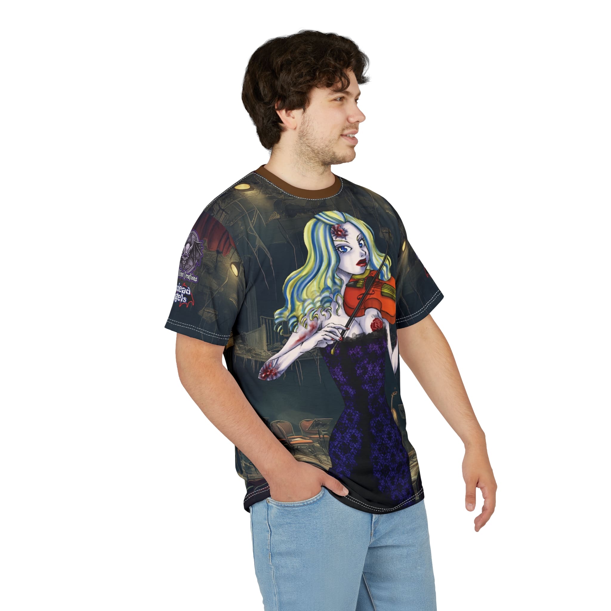 Ariel Undead Angel Violinist Classic Art No Text Unisex Cut & Sew Tee (AOP) - Image 9