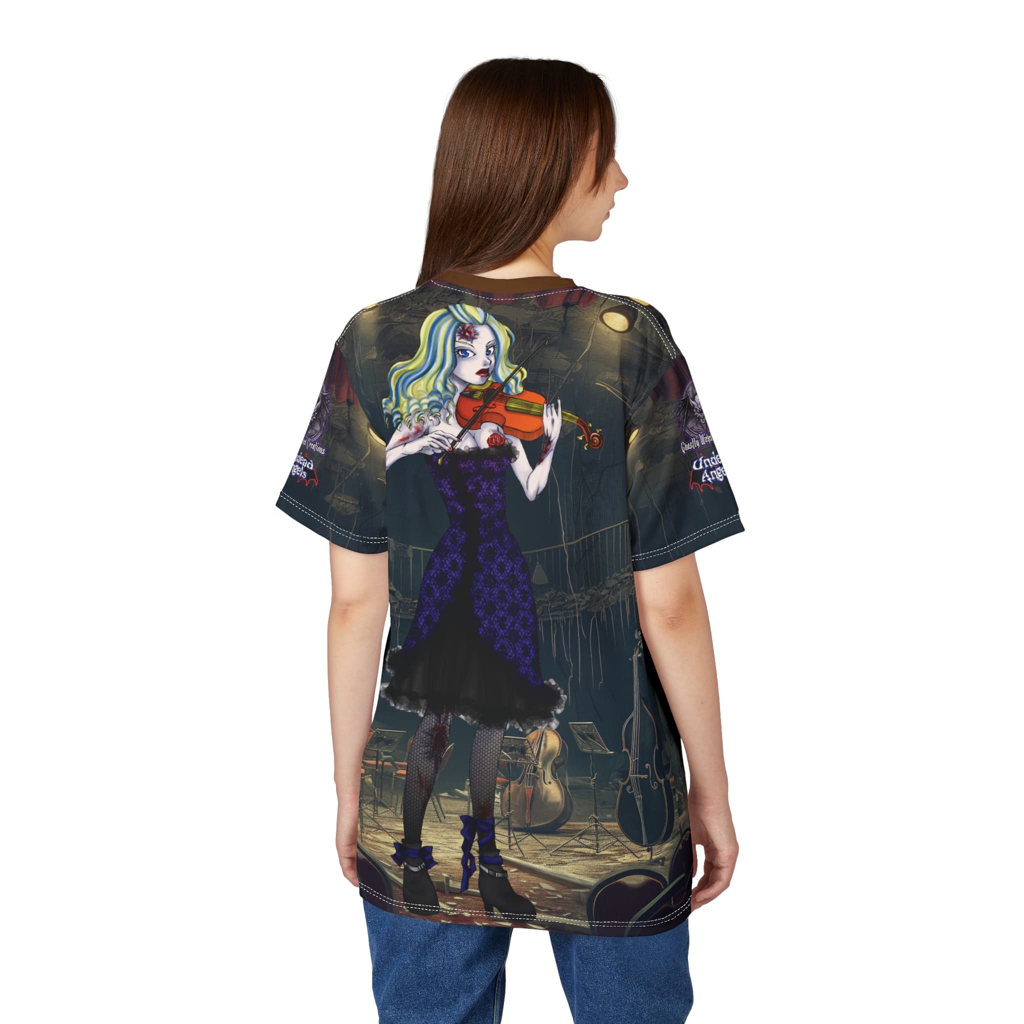 Ariel Undead Angel Violinist Classic Art No Text Unisex Cut & Sew Tee (AOP) - Image 8