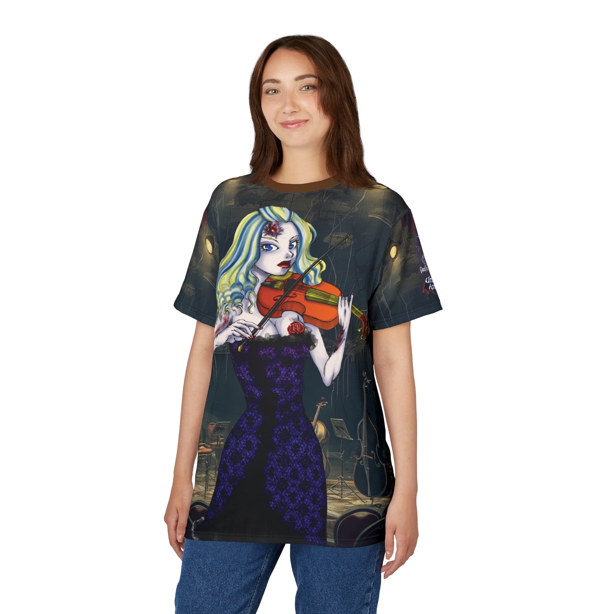 Ariel Undead Angel Violinist Classic Art No Text Unisex Cut & Sew Tee (AOP) - Image 17
