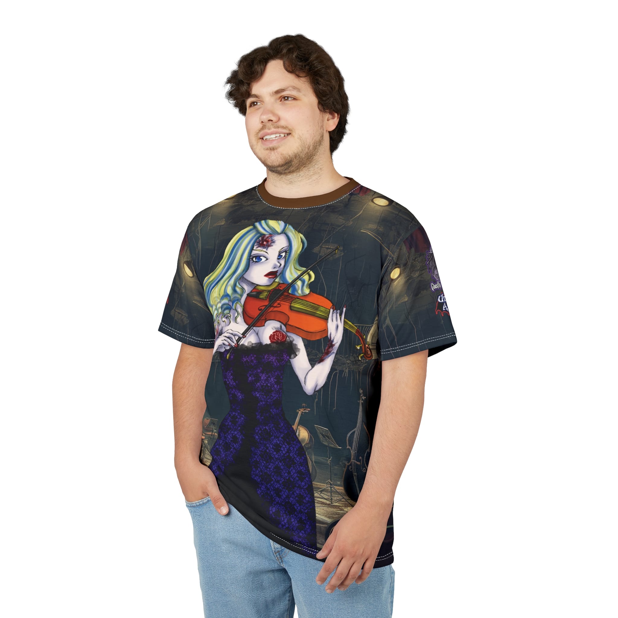 Ariel Undead Angel Violinist Classic Art No Text Unisex Cut & Sew Tee (AOP) - Image 5