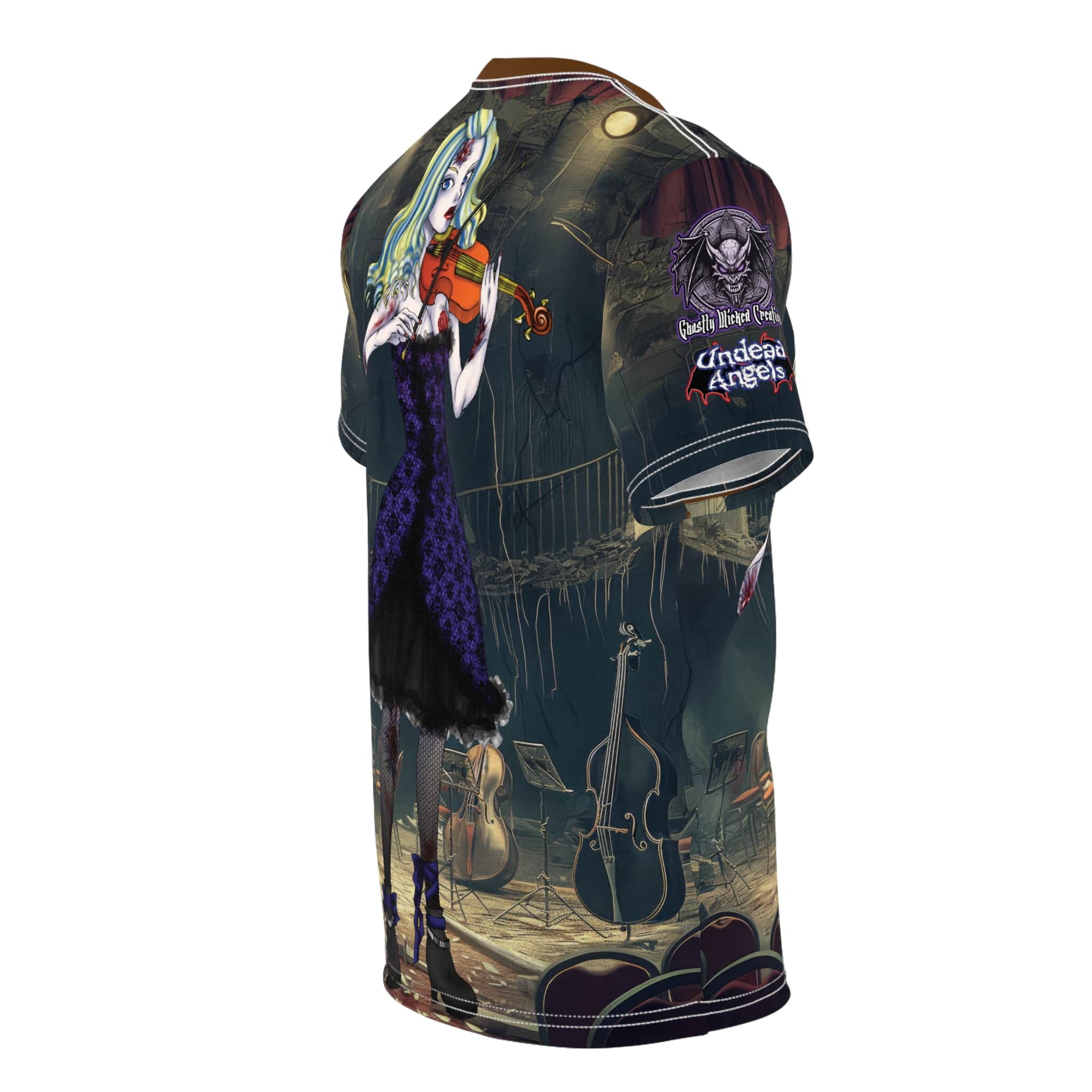 Ariel Undead Angel Violinist Classic Art No Text Unisex Cut & Sew Tee (AOP) - Image 4