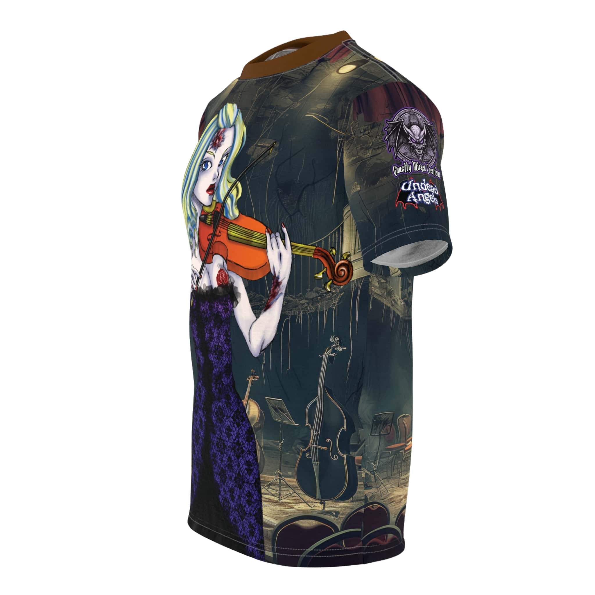 Ariel Undead Angel Violinist Classic Art No Text Unisex Cut & Sew Tee (AOP) - Image 3