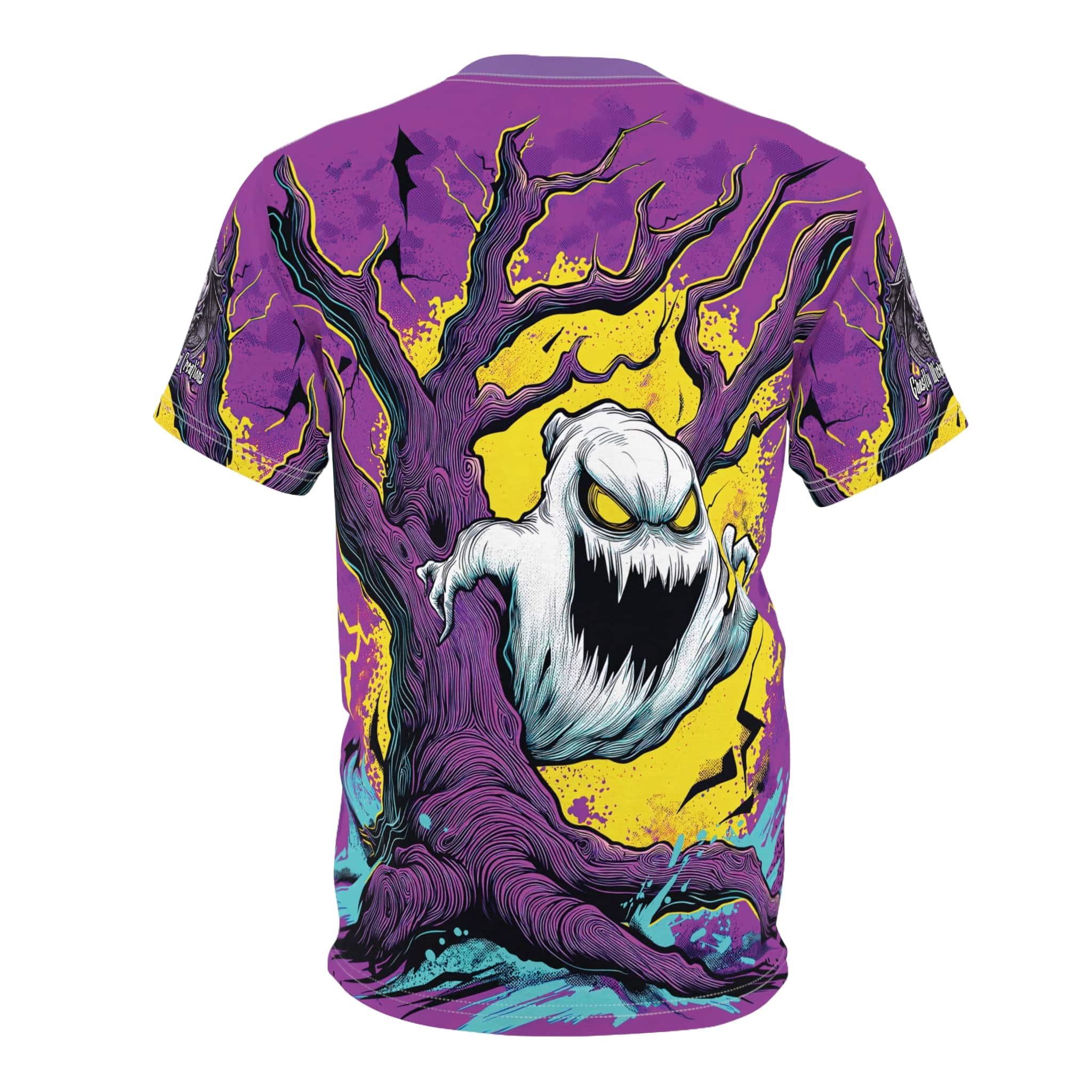 Ghost & Spooky Tree II Pop 60’s Art Style Unisex Cut & Sew Tee (AOP) Halloween - Image 6