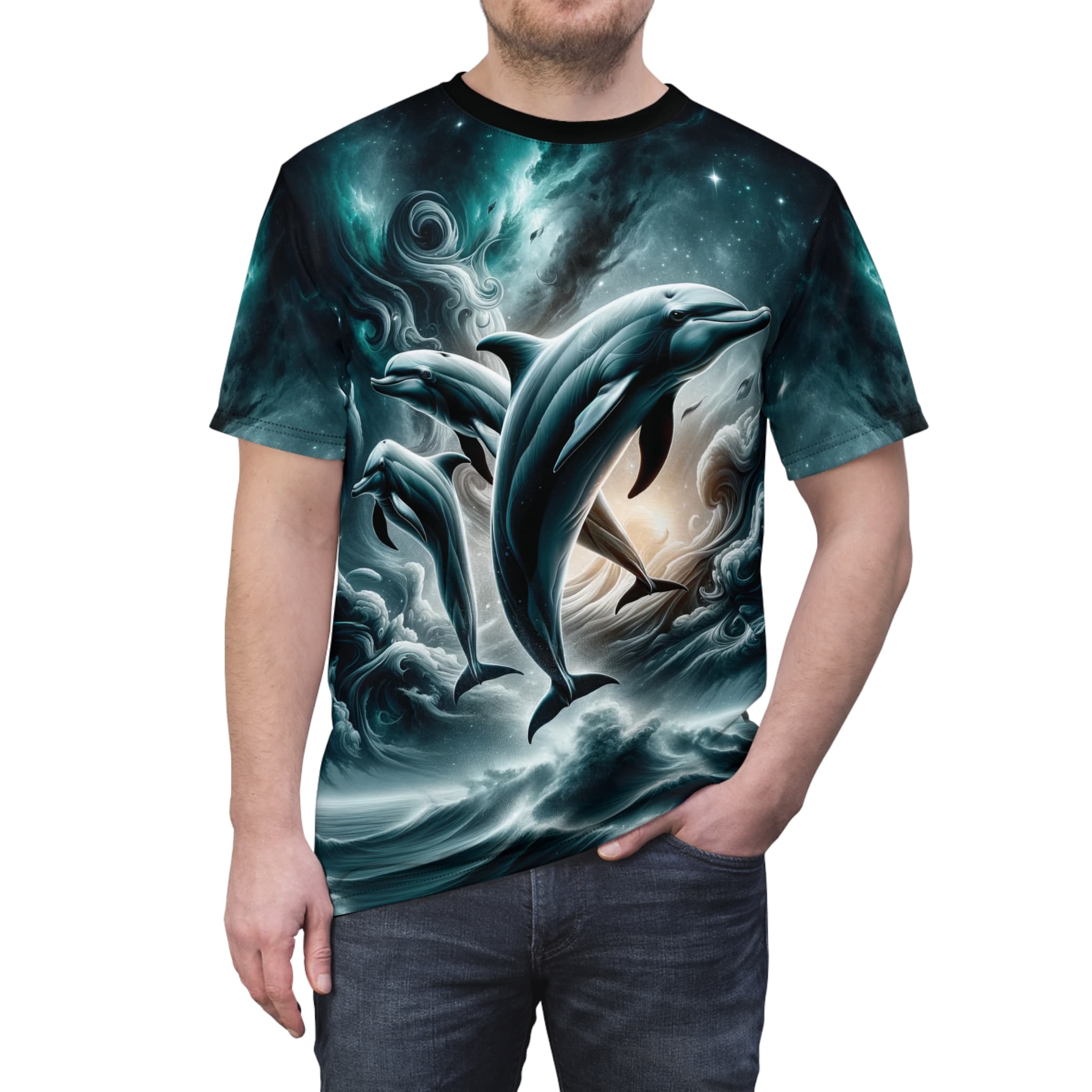 Dolphins Jumping WD-D007 By Wyldesigns Unisex Cut & Sew Tee (AOP) - Image 5